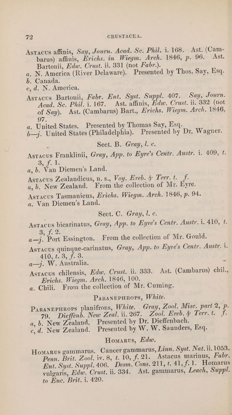 Asracus affinis, Say, Journ. Acad. Sc. Phil. i. 168. Ast. (Cam- barus) affinis, Hrichs. in Wiegm. Arch. 1846, p. 96. Ast. Bartonii, Edw. Crust. ii. 331 (not Fabr.). a, N. America (River Delaware). Presented by Thos. Say, Esq. 6. Canada. c, d. N. America. Asracus Bartonii, Fabr. Ent. Syst. Suppl. 407. Say, Journ. Acad. Se. Phil. i. 167. Ast. affinis, Hdw. Crust. ii. 332 (not of Say). Ast. (Cambarus) Bart., Erichs. Wiegm. Arch. 1846, 97 a. United States. Presented by Thomas Say, Esq. b—j. United States (Philadelphia). Presented by Dr. Wagner. Sect. B. Gray, l. e. Asracus Franklinii, Gray, App. to Eyre’s Centr. Austr. 1. 409, t. oe fouls 0. Van Diemen’s Land. Astacus Zealandicus, n.s., Voy. Ereb. &amp; Terr. t. f. a,b. New Zealand. From the collection of Mr. Eyre. Asracus Tasmanicus, Erichs. Wiegm. Arch. 1846, p. 94. a. Van Diemen’s Land. Sect. C. Gray, l. c. Asracus bicarinatus, Gray, App. to Eyre’s Centr. Austr. 1. 410, #. Bef. 2: a—j. Port Essington. From the collection of Mr. Gould. Asracus quinque-carinatus, Gray, App. to Eyre’s Centr. Austr. 1. eT eeS a—j. W. Australia. - Asracus chilensis, Edw. Crust. ii. 333. Ast. (Cambarus) chil., Erichs. Wiegm. Arch. 1846, 100. a. Chili, From the collection of Mr. Cuming. ParanepHrRops, White. Paranepuroprs planifrons, White. Gray, Zool. Misc. part 2, p. 79. Dieffenb. New Zeal. ii. 267. Zool. Ereb. &amp; Terr. t. f. a, b, New Zealand. Presented by Dr. Dieffenbach. c,d. New Zealand. Presented by W. W. Saunders, Esq. Homarus, Edw. Homarus gammarus. Cancer eammarus, Linn. Syst. Nat. 11.1053. Penn. Brit. Zool. iv. 8, t. 10, f. 21. Astacus marinus, Fabr. Ent. Syst. Suppl. 406. Desm. Cons, 211, t. 41, f.1. Homarus vulgaris, Hdw. Crust. ii. 334. Ast. gammarus, Leach, Suppl. to Enc. Brit. 1. 420. a