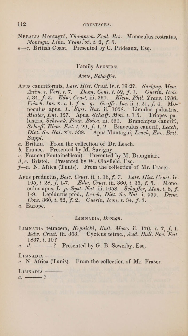 NeEBALIA Montagui, Thompson, Zool. Res. Monoculus rostratus, Montagu, Linn. Trans. xi. t. 2, f. 5. a—c. British Coast. Presented by C. Prideaux, Esq. Family Apusipz. Avus, Scheffer. Apus cancriformis, Latr. Hist. Crust. iv.t. 19-27. Savigny, Mem. Anim. s. Vert. t.7. Desm. Cons. t. 52, f. 1. Guerin, Icon. t. 34, f.2. Hdw. Crust. iii. 360. Klein. Phil. Trans. 1738. Frisch. Ins. x. t. 1, f.a—g. Geoffr. Ins. ii. t. 21, f. 4. Mo-~ noculus apus, L. Syst. Nat. ii. 1058. Limulus palustris, Muller, Ent. 127. Apus, Scheff. Mon. t. 1-5. Triopes pa- lustris, Schrank. Faun. Boica. iii. 251. Branchipus cancrif., Scheff. Elem. Ent. t. 29, f.1, 2. Binoculus cancrif., Leach, Dict. Se. Nat. xiv. 538. Apus Montagui, Leach, Enc. Brit. Suppl. a. Britain. From the collection of Dr. Leach. b. France. Presented by M. Savigny. c. France (Fontainebleau). Presented by M. Brongniart. d,e. Bristol. Presented by W. Clayfield, Esq. f-—n. N. Africa (Tunis). From the collection of Mr. Fraser. Apus productus, Bose. Crust. ii. t. 16, f. 7. Latr. Hist. Crust. iv. 195, t. 28, f. 1-7. Edw. Crust. iii. 360, t. 35, f. 5. Mono- culus apus, L. p. Syst. Nat. iii. 1058. Scheffer, Mon. t. 6, f. 1-9. Lepidurus prod., Leach, Dict. Sc. Nat. i. 539. Desm. Cons. 360, t. 52, f. 2. Guerin, Icon. t. 34, f. 3. a. Europe. Limnanpia, Brongn. Limnapia tetracera, Arynicki, Bull. Mose. ii. 176, t. 7, f. 1. Edw. Crust. iii. 363. Cyzicus tetrac., Aud. Bull. Soc. Ent. 1837, t. 10? a—d, P Presented by G. B. Sowerby, Esq. LIMNADIA a. N. Africa (Tunis). From the collection of Mr. Fraser. LIMNADIA a, a ig