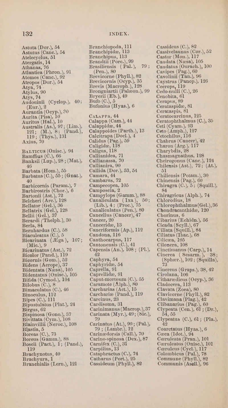 Astuta (Dor.), 54 Astutus (Canc.), 54 Atelecyclus, 51 Atergatis, 14 Athanas, 76 Atlantica (Phron.), 91 Atomos (Canc.), 92 Atropos (Dor.), 54 Atya, 74 Atylus, 90 Atys, 74 Ay soaatt (Cyclop.), 40; (Eur.), 2 Aurantia (Ocyp.), 30 Aurita (Pisa), 10 Auritus *(As.) 10 Australis (As.), 97; (Lim.), 121; (M.), 8 i ee 119; (Thys.), 13 Axius, 70 Batticus (Onisc.), 94 Bamffius (C.), 66 are (Lup.), 28 ; (Mat.), arias (Hom. 2 55 Barbatus (C.), 55 ; (Gnat.), 40 Barbicornis (Param.), 7 Barbirostris (Chor.), 6 Bartonii (Ast.), 72 Belcheri (Arc.), 128 Bellator (Gel.), 36 Bellatrix (Gel.), 128 Bellii (Gel.), 37 Berardi ( ares 30 Berla, 84 Bernhardus (C. 5 Biaculeatus (C.), 5 Bicarinata (Aiga), (Mic.), 9 Bicarinatus (Ast.), 72 Bicolor (Pand.), 119 Bicornis (Gom.), 52 Bidens (Aerope), 37 Bidentata (Neesa), 105 Bidentatus (Onisc.), 105 Bifida eis ), 104 Bilobus (C.), 8 Bimaculatus (C.), 46 Binoculus, 112 Bipes (C.), 111 Bipustulatus (Plat.), 24 Birgus, 62 Bispinosa (Gono.), 37 Bivittata (Cym.), 108 Blainvillii (Neroc.), 108 Blastia, 5 Boreas (C.), 73 Boreus (Gamm.), 88 Boscii (Pact.), 119 107; Brachynotus, 40 Brachyura, 1 Branchialis (Lern.), 121 Branchiopoda, 111 Branchipide, 113 Branchipus, 113 Brandtii (Pore.), 99 Brasiliensis (Pal.), (Pen.), 80 Brevicorne (Phyll.), 82 Breyicornis (Ocyp.), 35 Brevis (Macroph.), 128 Brongniartii (Paleon.), 99 Bryerii (Eb.), 49 Bufo (C.), 5 Bufonius (Hyas.), 6 V9 CALaPPa, 44 Calappa (Cam.), 44 Calappide, 44 Calappoides (Parth.), 13 Calcitrapa (Docl.), + Calidus (Pag.), 59 Caligide, 118 Caligus, 118 Callianidea, 71 Callianassa, 70 Callianira, 90 Callida (Dor.), 53, 54 Camara, 44 Cambarus, 72 Campecopea, 105 Camposcia, 2 Campylops (Gamm.), 88 Canaliculata (Ixa), 50; (Lib.), 4; (Proc.), 75 Canaliculatus (Pen.), 80 Cancellus (Cancer), 47 Cancer, 20 Canceride, 13 Cancriformis (Ap.), 112 Candona, 116 Canthocarpus, 117 Cantonensis (C.), 41 Capensis (An.), 108 ; (P1.), 42 Caphyra, 54 Caphyride, 54 Caprella, 91 Caprellide, 91 Caput-mortuum (C. a 55 Caramote (Alph.), 8 Carcharias (Act.), 15 Carcharize (Pand.), v9 Carcinus, 23 Cardisoma, 31 Carinimanus (Macrop.), 37 Carinata (Myr.), 49; (Sic.), 79 Carinatus (At.), 90; (Pal.), 79 ; (Lambr.), 12 Carineedorsis (Call.), 70 Carino-spinosa (Dex.), 87 Carnifex (C.), 3} Carpilius, 13 Cataphractus (C.), 74 Catharus (Port.), 25 Cassideum (Phyll.), 82 Cassideus (C.), 82 Cassivelaunus (Cor.), 52 Castor (Mon.), 117 Caudata (Neesa), 105 Caudatus (Ourach.), 100 Cavipes (Pag.), 60 Cavolinii (Tan.), 96 Caystrus (Panop.), 126 Cecrops, 119 Cedo-nulli (C.), 26 Cenobita, 61 Cerapus, 89 Cerataspide, 81 Cerataspis, 81 Ceratocarcinus, 125 Ceratophthalmus (C.), 35 Ceti (Cyam.), 93 Ceto (Amph.), 127 Cetochilus, 116 Chabrus (Cancer), 42 Charon (Arg.), 117 Charybdis, 28 Chasmagnathus, 128 Cheirogonus (Canc.), 124 ee (Ast.), 72; (At.), Orage (Potam.), 30 Chinensis (Pag.), 60 chee (C.), 5; (Squill.), Chiragricus (Alph.), 74 Chlorodius, 18 Chlorophthalmus(Gel.), 36 Chondracanthide, 120 Chorinus, 6 Cibarius (Echidn.), 56 Cicada (Seyll.), 67 Ciliata (Squill.), 84 Ciliatus (Ibac.), 68 Ciliceea, 105 Cilonera, 108 Cinctimanus (Carp.), 14 Cinerea ( Sesarm.), 38; eee ), 2025 (Squilla), Ciner eus (Graps.), 38, 42 Cirolana, 106 Cithareedicus (Ocyp.), 36 Cladocera, 113 Clavata (Zoea), 80 Clavicorne (Phyll.), 82 Clavimana (Plag.), 42 Clibanarius (Pag.), 60 Clypeata (Cen.), 61 ; (Dr.), 54, 55 Chea (C.) 2613 (Plas), Pe ctatus (Hyas.), 6 Ceeca (Idot.), 94 Ceeruleata (Pran.), 101 Ceeruleatus (Onisce.), 101 Ceeruleus (Cyel.), 117 Colombicus (Pal.), 78 Commune (Phyll.), 82 Communis (Asell.), 96