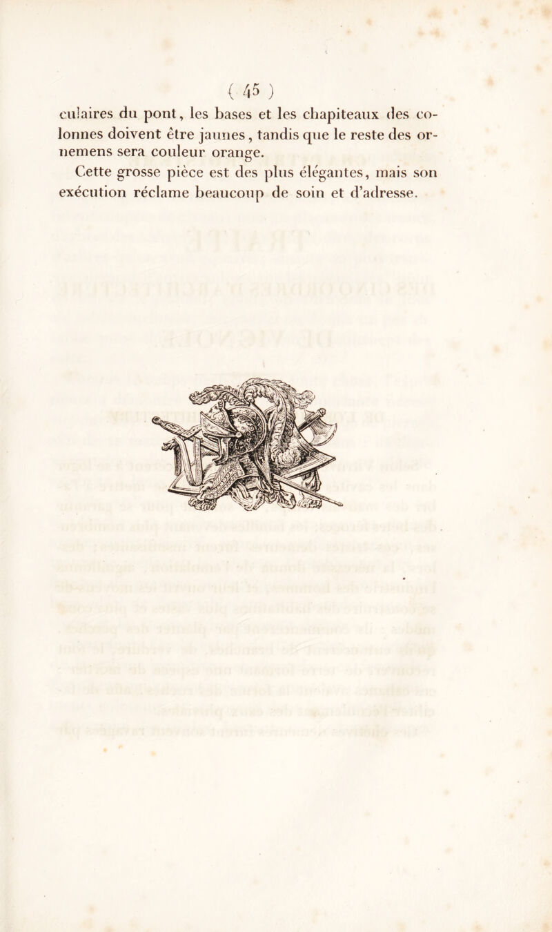 I { 45 ) eulaires du pont, les bases et les chapiteaux des co- lonnes doivent être jaunes, tandis que le reste des or- nemens sera couleur orange. Cette grosse pièce est des plus élégantes, mais son exécution réclame beaucoup de soin et d’adresse.