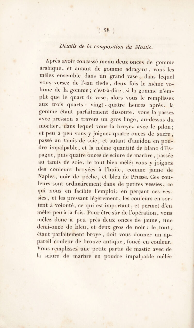 Détails cle la composition du Mastic. Après avoir concasse menu deux onces de gomme arabique, et autant de gomme adragant, vous les mêlez ensemble dans un grand vase -, dans lequel vous versez de 1 eau tiède , deux fois le même vo- lume de la gomme ; c’est-à-dire, si la gomme n’em- plit que le quart du vase, alors vous le remplissez aux trois quarts : vingt - quatre heures après, la gomme étant parfaitement dissoute, vous la passez avec pression à travers un gros linge, au-dessus du mortier, dans lequel vous la broyez avec le pilon ; et peu à peu vous y joignez quatre onces de sucre, passé au tamis de soie, et autant d’amidon en pou- dre impalpable, et la même quantité de blanc d’Es- pagne, puis quatre onces de sciure de marbre, passée au tamis de soie, le tout bien mêlé; vous y joignez des couleurs broyées à l’huile, comme jaune de Naples, noir de pêche, et bleu de Prusse. Ces cou- leurs sont ordinairement dans de petites vessies, ce qui nous en facilite l’emploi ; en perçant ces ves- sies, et les pressant légèrement, les couleurs en sor- tent à volonté, ce qui est important, et permet d’en mêler peu à la fois. Pour être sûr de l’opération , vous mêlez donc à peu près deux onces de jaune, une demi-once de bleu, et deux gros de noir: le tout, étant parfaitement broyé , doit vous donner un ap- pareil couleur de bronze antique, foncé en couleur. Vous remplissez une petite partie de mastic avec de la sciure de marbre en poudre impalpable mêlée