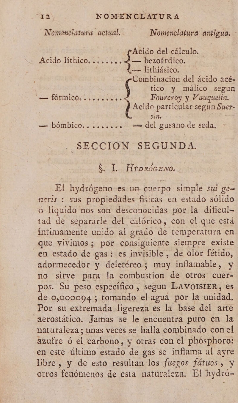 Nomenclatura actual. Nomenclatura antigua. : Acido del cálculo. Acido líthicO........ 2— bezoárdico. — lithiásico. Combinacion del ácido acé- : tico y málico segun — ÍÓNMICÓO: co... ... Fourcroy y Vauquelin. Acido particular segun Suer- sin. — bémbico....,..... == del gusano de seda, SECCION SEGUNDA. Sid HrbróGEnNOo. El hydrógeno es un cuerpo simple sui ge- neris : sus propiedades fisicas en estado sólido 6 líquido nos son desconocidas por la dificul- tad de separarle del calórico, con el que está íntimamente unido al grado de temperatura en que vivimos ; por consiguiente siempre existe _en estado de gas : es invisible, de olor fétido, adormecedor y deletéreo; muy inflamable, y no sirve para la combustion de otros cuer- pos. Su peso específico , segun LAVOISIER, es de 0,000094 ; tomando el agua por la unidad. Por su extremada ligereza es la base del arte aerostático. Jamas se le encuentra puro en la naturaleza; unas veces se halla combinado con el azufre 6 el carbono, y otras con el phosphoro: en este último estado de gas se inflama al ayre libre, y de esto resultan los fuegos fátuos , y otros fenómenos de esta naturaleza. El hydró-