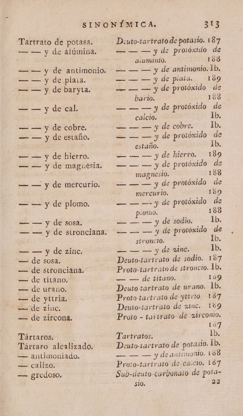 — — y de alúmina. — — y de antimonio. — — y de plaia. — — y de baryta. — — y de cal, — — y de cobre. — — y de estaño. — — y de hierro. — — y de maguésia. — — y de mercurio. — — y de plomo. — — y de sosa. — — y de sironciana. — — y de zinc. — de sosa. — de stronciana. — de títano. — de urano. — de yttria. de zinc, — de zircona, Tártaros. , Tártaro alcalizado. — antimoniado. — calizo. — gredoso. 313 — — — y de proioxtdo de avumÁÓnto. 138 — — — y de antimonio. 1b, — — — y de praïa. 189 — — — y de protóxido de barto. 138 = — — y de protóxido de calcio. Ib. Æ y de cobre Ib. y de protóxido de estaño. ib. = — — y de Itéerro. 189 o de protóxido de magnesio. 188 — — — y de protóxido de mercurio. 189 ep de protóxido de p:omo. 188 -— — — y de sodio. 1b, e. 2 e protóxido de sironcio. Ib. lb. à — — y de sine: Deuto-tartrato de sodio. 187 Proto-tartrato de stroncio. 1b, — — de tituno. 159 Deutotartrato de urano. lb. Prototartrato de yttri0. 187 Deuto-tartrato de z1nc. 109 Proto - tatirato dé zirconio. 107 Tartratos. 1b, Deuto-tartrato de potasio. Ib, — — — y de antimonto. 198 Proto-tartrato de cu:cio. 107 Sub-deuto-carbonaio de pota- 510. 22