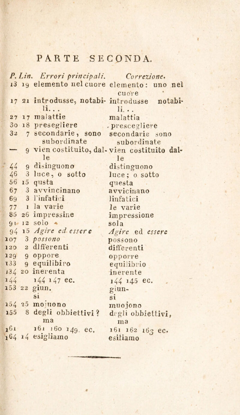 PARTE SECOND A, P. Lin. Errori principali. Correzione. x3 19 elemento nel cuore elemento: uno nel cuoYe 17 21 introdusse, notabi- introdusse notabi- li. . . li. . . 27 17 maiattie malattia 3o 18 presegliere . pres.cegliere 32 7 secondarie, sono secondarie sono subordinate subordinate — 9 vien costituito, dal- vien costituito dai- le le 44 9 di^inguono distinguono 46 3 luce, 0 sotto luce; 0 sotto 56 i5 qusta questa 67 3 avvincinano avvicinano 69 3 1'infatici linfatici 77 1 la varie le varie 35 26 impressine impressione 12 solo a sola 94 i5 Agire edesse re Agire ed es sere 107 3 possono possono 120 2 differenti differenti 129 9 oppore opporre 133 9 equilibiro equiiibrio /34 20 inerenta inerente 144 144 147 ec. 144 J45 ec. 153 22 giun. giun- si si 154 25 mojuono muojono 155 8 degli obbiettivi ? degi i obbiettivi. ma ma 161 16/ 160 249. ec, 161.162 163 ec. 164 14 esigliamo esiliamo