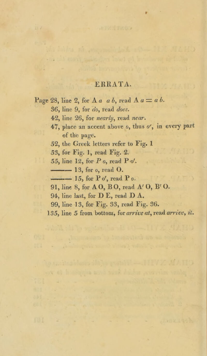 ElUIATA. Page 28, line 2, for A a a read Ka — a b. 36, line 9, for do^ read does. 42, line 26, for nearly^ read near. 47, place an accent above o, thus o', in every part of the page. 52, the Greek letters refer to Fig. 1 53, for Fig. 1, read Fig. 2. 55, line 12, for P o, read P o'. ——— 13, for 0, read O. — 15, for P o', read P o. 91, line 8, for AO, BO, read A' O, B' O. 94, line last, for D E, read D A, 99, line 13, for Fig. 33, read Fig. 36. 135, line 5 from bottom, for a;v7t’f ai, read amtr, it.