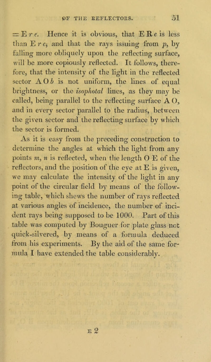 rr E r e. Hence it is obvious, that EReis less than E r ej and tliat the rays issuing from p, by failing more obliquely upon the reflecting surface, will be more copiously reflected. It follows, there- fore, that the intensity of the light in the reflected sector AOb is not uniform, the lines of equal brightness, or the isophotal lines, as they may be called, being parallel to the reflecting surface A O, and in every sector parallel to the radius, between the given sector and the reflecting surface by which the sector is formed. As it is easy from the preceding construction to determine the angles at which the light from any points 771,71 is reflected, when the length O E of the reflectors, and the position of the eye at E is given, we may calculate the intensity of the light in any point of the circular field by means of the follow- ing table, which shews the number of rays reflected at various angles of incidence, the number of inci- dent rays being supposed to be 1000. Part of this table was computed by Bouguer for plate glass net quick-silvered, by means of a formula deduced from his experiments. By the aid of the same for- mula I have extended the table considerably. -E Q