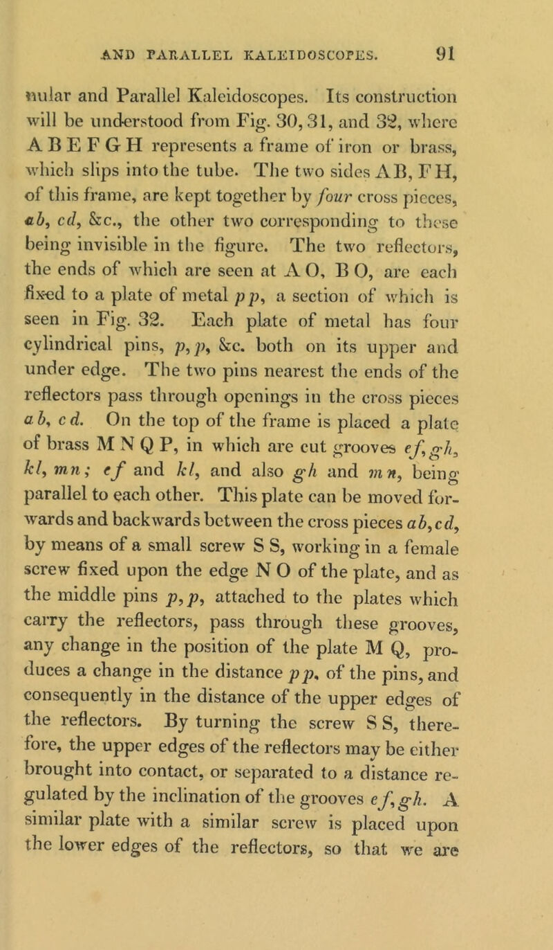 «ular and Parallel Kaleidoscopes. Its construction will be und-erstood from Fig. 30,31, and 32, where A B E F G H represents a frame of iron or brass, which slips into the tube. The two sides AB, FH, of this frame, are kept together by four cross pieces, c(f &c., the other two corresponding to these being invisible in the figure. The two reflectors, the ends of which are seen at A O, B O, are each fixed to a plate of metal pp, a section of which is seen in Fig. 32. Each plate of metal has four cylindrical pins, p, p, &c. both on its upper and under edge. The two pins nearest the ends of the reflectors pass through openings in the cross pieces ad, cd. On the top of the frame is placed a plate of brass M N Q P, in which are cut grooves ef, gh^ kl, mn; ef and kf and also gh and mn, being parallel to each other. This plate can be moved for- wards and backwards between the cross pieces ab,cd^ by means of a small screw S S, working in a female screw fixed upon the edge N O of the plate, and as the middle pins p,p, attached to the plates which carry the reflectors, pass through these grooves, any change in the position of the plate M Q, pro- duces a change in the distance pp, of the pins, and consequently in the distance of the upper edges of the reflectors. By turning the screw S S, there- fore, the upper edges of the reflectors may be either brought into contact, or separated to a distance re- gulated by the inclination of the grooves efgh. A similar plate with a similar screw is placed upon the lower edges of the reflectors, so that we are