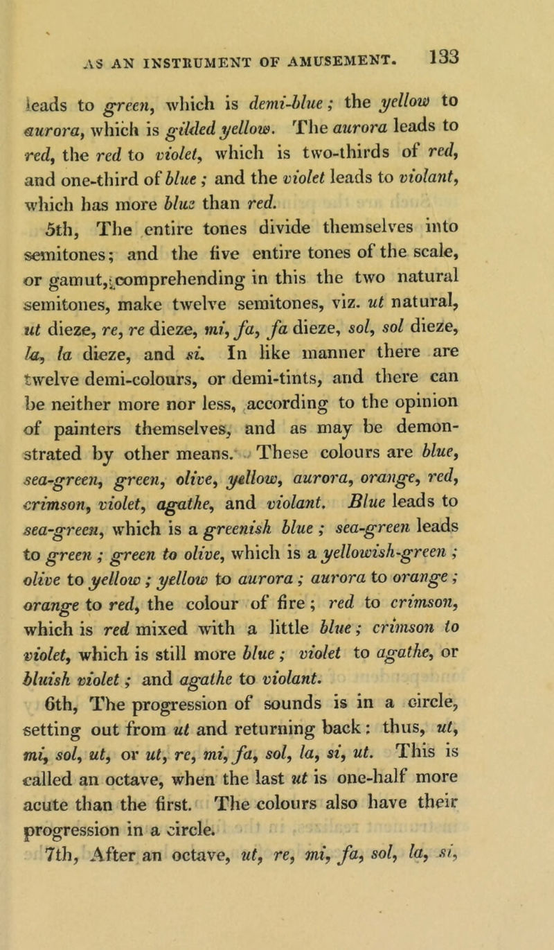 icads to greetif which is demi-hlue; the yellow to &uroraf which is gilded yellow. The aurora leads to redy the red to violet, which is two-lhirds of red, and one-third of blue; and the violet leads to violant, which has more blue than red. 5th, The entire tones divide themselves into semitones; and the five entire tones of the scale, or gamut,!^comprehending in this the two natural semitones, make twelve semitones, viz. ut natural, ut dieze, re, re dieze, mi, fa, fa dieze, sol, sol dieze, lu, la dieze, and sL In like manner there are twelve demi-colours, or demi-tints, and there can be neither more nor less, according to the opinion of painters themselves, and as may be demon- strated by other means. These colours are blue, sea-green, green, olive, yellow, aurora, orange, red, crimson, violet, agathe, and violant. Blue leads to sea-green, which is a greenish blue ; sea-green leads to green ; green to olive, which is a yellowish-green ; olive to yellow ; yellow to aurora; aurora to orange; orange to red, the colour of fire; red to crimson, which is red mixed with a little blue; crimson to violet, which is still more blue; violet to agathe, or bluish violet; and agathe to violant. 6th, The progression of sounds is in a circle, setting out from ut and returning back: thus, ut, mi, sol, ut, or ut, re, mi, fa, sol, la, si, ut. This is called an octave, when the last ut is one-half more acute than the first. The colours also have their progression in a circle. 7th, After an octave, ut, re, mi, fa, sol, la, si.