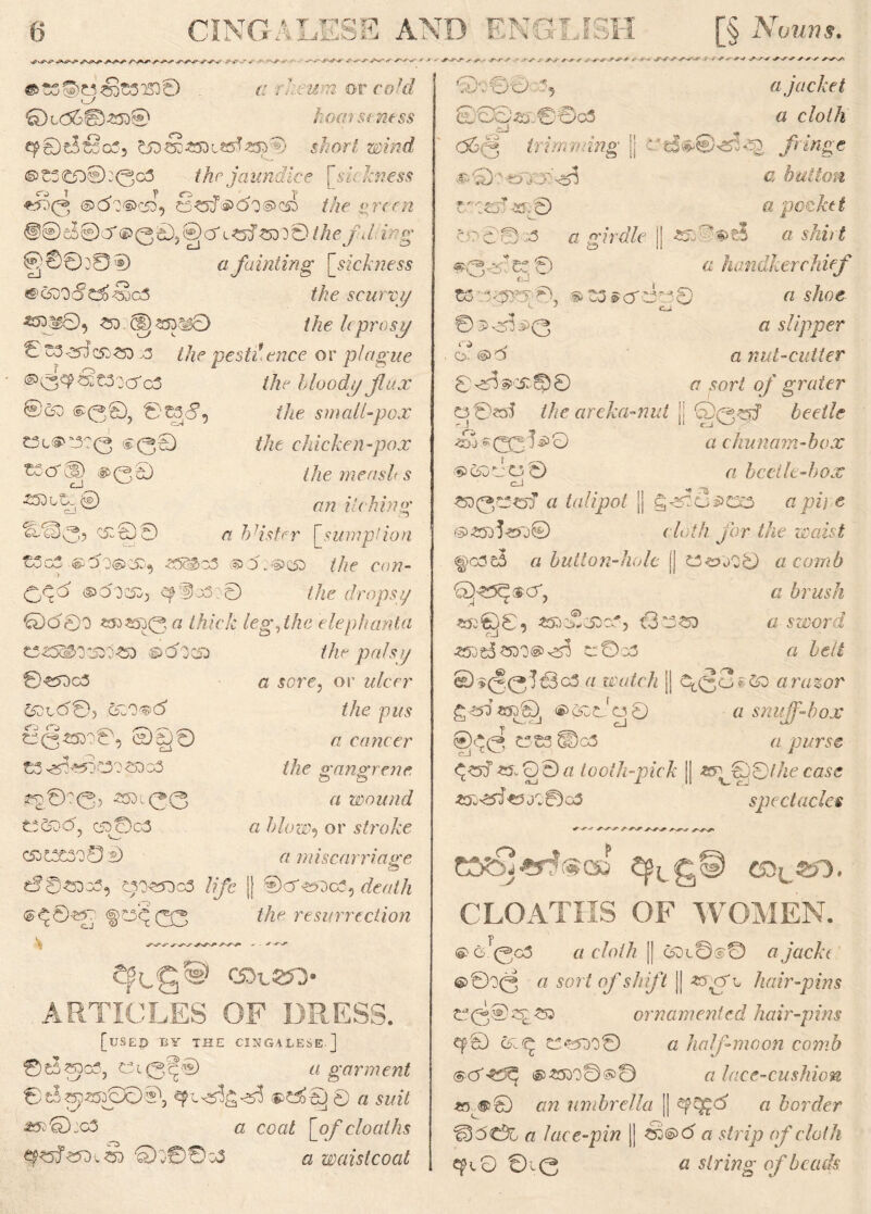 ^31530 c rheum or co.-W ©l(35©«5D@ hoarseness 900?2c75 £5D§#dl«5J*$>© j^or/ ®?WG? ©t5<£5O©:0cS thr jaundice [skhness *^)0 ©<5o©c50, §<5f&dv<§><d the vrem i®cJ©cf®(30,®a'c<3DTtD3©//zeyV ing §®030© «fainting [sickness «®c70<f75>77c3 /Ac scurvy ^2D¥05 77 <3Dasj>Ag0 the leprosy 0 C3<25ic£>SD >3 the pest deuce or plague ©09752t3ocTGS //c bloody flux ®&> ®00, ©?£><?, the small-pox CSl©CO0 ©00) the chicken-pox ^ ^ ® G 0 the mcash s •OeC© ow itching 000, 05:00 a blister [sumption t3o3 .®do®>c£, 753£o3 ®5:<S)G£> ///f cow- ®docs>3 e^los 0 the dropsy •0)000 £»«5j>0 a thick legghe elephanta 05^0 053 377 ©QOCD the palsy ©750c3 a sore, or w/err &Dl<50j ,&D0®d if/ie pus C075DO0, 0§0 a cancer C3 0007733 //^c gangrene O o ^0^(3, ooi00 a wound c5d©c3 « blow-) or stroke C5OOOO0:®) a miscarriage t? 07735, CO750c3 lifi II ©cr«5Da35 death <§>0^ (33 the resurrection * - S -r-r eyg®» coveo* ARTICLES OF DRESS. [USE?) BY THE CINGALESE-] 00^og3, Ci0C-© a garment 0dSop«53S0©, ©Co© 0 a SW*7 £?:0):g3 a coat [ofcloaths €pi5?&dL&) ©O00N3 £3 waistcoat © 2OO©0 * «> ^ o- @7 ■ *■ ir'-r-s - ^ ></ ^ 4* r _>• -*■*.*“ /*««*■ * • » j -r-a xy Q\ 0© 3} a jacket 0SS'£t€)0c3 a c/o/4 <36 3 trimming || cd$®'d5<^, fringe c hut ton f/T£0«;0 a pocket ooc'0 3 « «■?></& |j «dP«>*5 « sAiYJ 0 0 c handkerchief 70c<307T 0, ©0:3 $00750 a shoe « slipper a nut-cutter 0<rO$05:00 cr sor/ of grater C0?o5 the arcka-nut j] ®07jf beetle <dj *03]©0 a chunam-box ©C50 A: O 0 a beetle-box cJ ^ 770O7rJ « talipot || g75?6©CO cjwj e ©C'j^j© c/o/Z? Jor the waist ^C3t3 o button-hole (j C^x>O0 a comb Q-TT^so', a brush £5:00, «RcSc53o3> © 0377 a sword cJ * c0c3 « ©$00!t3°3 « rco/cA || ® Cq a razor £ 050) £570J © 77 A107 0 a SUUjf-boX ©70 OS3 SIDo3 a purse ^esS£5..00w tooth-pick || rrgfjQfhecase £5.75jCj70o3 spectacles yyy C0?5j>r?«c» g© coLsf>. CLOATHS OF WOMEN. 0c3 a cloth |j c7l0<*© o jocAy ©000 o sort of shift || hair-pins C0@?^<53 ornamented hair-pins ^0 oi 3 C 75000 a ha If-mo on comb @cT-^3^ @£5000©© a lace-cushion »..®0 ww umbrella || « border a lace-pin || 77 ©0 w of cloth 9^0 010 a string of beads