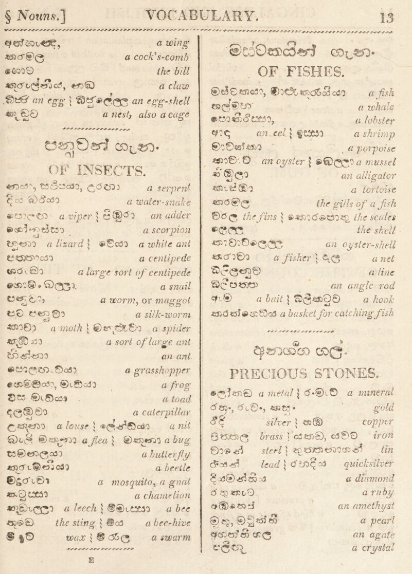 *■ r +-T ✓>^sx , r 2 £ h yNTv/* « *53cr®(3 •fiQOO a wing a cocfCs-comb the bill a claw an egg \ &£f®G(33 an egg-shell a nest, also a cage €-5T>© m\ €J0 V &A >-s^-V ^ t3znQ&i ooL«> OF INSECTS. t35oq3o, C^C^3 a serpent C°~ ® jCi5') ci water-snake 6! viper \ an adder m cfc'? e5 C5 o a scorpion tP.«D0 a lizard l <P©oJ0 « white ant oJ * C*3X5''c3'3 « centipede y*CK©0 « large sort of centipede #(»•:©.Qqcji. « t5^0o, ' a worm, or maggot t8 t?t53 0o a silk-worm CJ ^ j0o a moth \ ©^tftSo a spider *8^ x30 a soW of large ant ZNj ^-^TOO an ant ® C3Q (^,CO t ©oao o grasshopper #C55®©o3?? ®L©cdD 6? /rog’ 0t5 ®l©cM a loa($ ^<3®©0 a caterpillar a louse \ '•(^^rtecd.o a m7 ©«s>*«3 aflea | « 6z/g* ts@^^,a30 & butterfly 4333L^)^3i©3j a beetle *■—- ®g,cTl@i a mosquito, <7 £nal *3vgc£30 « chamelion «5^)c03O « leech j @©tC3C30 a bee <&©©) s^'wg- j ®a3 a bee-hive & |0 a>«.r j © 36(3 a swarm ©CO0«>c3«r? eo^©> OF FISHES. ®e£©*R©30, $)OC&«55<363©SO a /w& <B(3®£D' f/ whale m&'SxnStJtttt, Cl lobster ^: q am te/. | f C3M0 a shrimp «porpoise oyster | ®003O « mussel 43 ®C0 an alligator ^ tortoise scad0(^ //?r £•-£//? o/‘ ci fish ©C(3 the fins \ ®**)3<5<s>c30«£) the scales •CSCE ' the shell 800^(3^3 ow oyster-shell ££0000 o fisher \ &C3 a net ^C'<3€2© a line n/2 angle rod tyc® o bait | ©{§^)00 u kook *»<5«5®<&>©o3 a basket for catching fish ■*'<r < ^aocsxfl ooQ. PRECIOUS STONES. •©■Jjoj© « metal | tf.©L© a mineral dtn*, <5t©», 4s»C3 ® gold Sf silver \ od® copper 6t5£fc<3 5ross |-os’«5©, o3©0 *ro» ©o®<*$ ste^/1 «£t»C35«ooc»^ tin cY* ns S lead l dlf^QNl quicksilver C i3® 5 >3 o diamond 6 2^40300 a ruby amethyst ©cp, ®g«Jf3 a pearl tfoszerj Id cr<3; sprite t'(3CD a crystal oTvrf*^