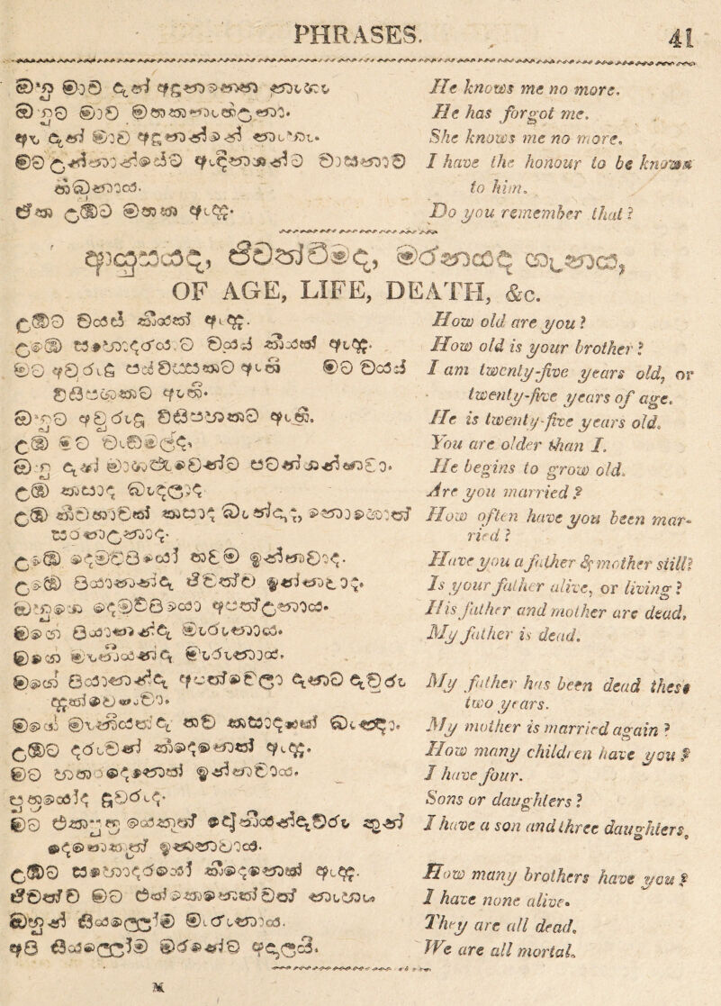 f <*Sd*tf* ~*^r ^r\f> -r .?* ,/v*^ <*s£%^ is*v« .' k <***<*#'*^v> <ry>p 0*o ©00 A^: erg*jos>*r>*rt JJe knows me no mors, 0'£j0 0)0 ©O5«5D*^Doep^, «O0. He has forgot me. fyed ©00 ty£;**3<gta<£d TOc^iDt* SAe knows me no more. @9 £^^x<^<§>e30 ^J^oca^O 0ow^3O0 I have the honour to he know® «O0«*OOC3. fo‘tf?. • i ' - •* C? £» <^D9 Do you remember that l ,<N^- >s^S» epcpjsvsq, <30.sri3e>q, S^snco-s cacaoes, OF AGE, LIFE, DEATH, &c. £,®9 ©c6eS ^loS*s3 «^{£. Row old are you} £,#<1) t5 #tD0^cTo3..O ©pfl«j . How old is your brother} ©0 <rSjc5i.fi «d0tX3?s»0 ertj^ ©0 ©c3s$ Jam twenty five years old? or 0f3t3t5>*R0 0*pO «0dt£ 063^<!5O*E0 eptS. c® SO €k©*>dk 0-r c^j ©oto£&®€)*ri0 tt0eJja«*?«fD£o. twenty-five years of age, lie is twenty-five years old\ Foa arc o/rFr /. //e £egi/tt to groa> oM Are you married? €5o0C5DO^^s5 tsw^yO ^. c9c, flog tj S55500s>^oRow often have you been mar TV< H ^T) /•*■ Mti 0 <0: * r-J /7 ? t3 0^0(0 <2*00 v £^£D co0® $*s3«t>0oA 0gSO«TJ^A #S«f0 <§»*rf«2D£.0v ©e«j®>cft @rc®88s>o30 «pc^^«5ooo3. ©S> C50 0ocSO<eft^A ®l-C5i,t2Q0c3* 0»c!D ex^ooe«Je, ©t<5t«tfD0aJ. ©®)C53 8o30«o-^A efc«sf®0QO ^9^ Q£<serf® to «»v0O» ©s> f ©i^cfl«5A ©t«^o, C(DQ ^<5l0«^ qk€£. 09 t5oa3 0€>^f>^o«53 <§>4$iS«n>8Qa3* rird} Have you a father Sf mother still? J^ your father alive. or living ? His father and mother arc dead. My father is dead. fdker has been dead thes's two years. My mother is married again 5 How many children have you ? I have four. tj ejocd'J^ £0tf «-$■ Sons or daughters? ©9 «5 5 ©«>»£«* sg-si I have a son and three daughters, C,®Q Kis^^cS©^} epujj. Bow many brothers have you f «S©«rf0 ©9 «QlUDu 1 haze none alive. ©WJ-ed 6«!®CG-,S ®>.crc«D5a3. They are all death <*G <3^«CCJ® ©<*■»■»!© «?C,<*aJ. Be are all mortal +■&*?■■ if4 y ’njr» I