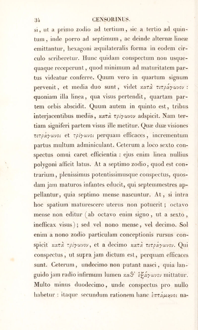 si, ut a primo zodio ad tertium, sic a tertio ad quin- tum , iiide porro ad septimum, ac deinde alternæ lineæ emittantur, hexagoni æquilateralis forma in eodem cir- cido scriberetur. Hune quidam conspectum non usque- quaque receperunt, quod minimum ad maturitatem par- tus videatur conferre. Quum vero in quartum signum pervenit, et media duo sunt, videt zeerà zszpayœyov : quoniam ilia linea, qua visus pertendit, quartam par- tem orbis abscidit. Quum autem in quinto est, tribus interjacentibus mediis, Koezà: zpiyœvov adspicit. Nam ter- tiam signiferi partem visus ille metitur. Quæ duæ visiones zszpocyœvoL et zpiyœvoL perquam efficaces, incrementum partus multum adminiculant. Ceterum a loco sexto con- spectus ornni caret efficientia : ejus enim linea nullius polygoni afficit latus. At a septîmo zodio, quod est con» trarium, plenissimus potentissimusque conspectus, quos- dam jam maturos infantes educit, qui septemmestres ap- pellantur, quia septimo mense nascuntur. At, si intra hoc spatium maturescere utérus non potuerit ; octavo mense non editur (ab octavo enim signo , ut a sexto, inefficax visus); sed vel nono mense, vel decimo. Sol enim a nono zodio particulam conceptionis rursus con- spicit %cczà. zpiyœvov^ et a decimo acczà ZEZpoi'yœvov. Qui conspectus, ut supra jam dictum est, perquam efficaces sunt. Ceterum, undecimo non putant nasci, quia lan- guido jam radio infirmum lumen Koeâ'' mittatur. Multo minus duodecimo, unde conspectus pro nullo liabetur : itaque secundum rationem banc ÏTtzccfju^/iVOi na-