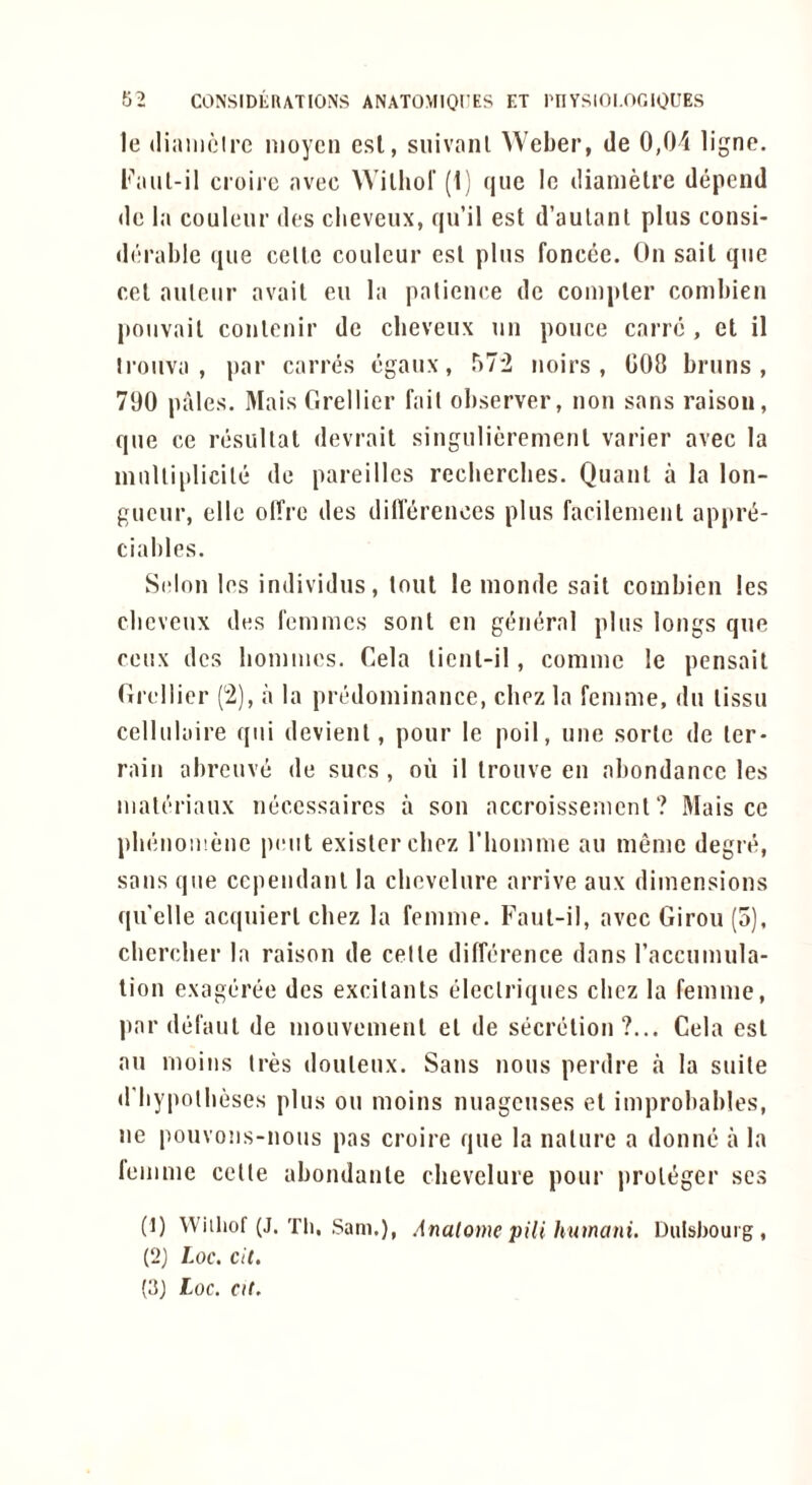 le (liaiiiolre moycn esl, siiivanl Weber, de 0,04 ligne. F:uil-il croirc avec WilhoT (1) que le diametre depend lie la couleur des cheveux, qu’il est d’aulaiU plus consi- derable que cello couleur esl plus foncee. On sail que cel auleiir avail eu la palience de compler combien pouvail conleuir de cheveux un pouce carre , el il Irouva , par carriis egaux, 57*2 iioirs , GOO bruns , 790 pales. l\Iais Grellier fail observer, non sans raison, que ce resullal devrail singulieremenl varier avec la inullijilicile de pareillcs recbercbes. Quanl a la lon- gueur, elle olTre des diflerences plus facilemenl appre- ciables. Selnn les individus, loul le nionde sail combien les ebevenx des femmes sont en general plus longs que ceux des bommes. Cela licnl-il, comme le pensail Grellier (2), a la predominance, cliez la femme, du lissu cellulaire qui devienl, pour le poil, une sorle de ler- rain abreuve de sues , on il Irouve en abondance les nialeriaux necessaires a son accroissemcnl ? Mais ce pbenoii'.ene peiil exislercbez riiomme an meme degre, sans que ccpendanl la cbevelure arrive aux dimensions qu'clle acqnierl cbez la femme. Faul-il, avec Girou (5). clicrcber la raison de celle difference dans I’accumula- lion exageree des excilanls eleclriques ebez la femme, par defaul de mouvemeul el de secrelion ?... Cela esl an nioiiis Ires douleux. Sans nous perdre a la suile d'liypolbeses plus ou moins nuageuses el improbables, ne pouvons-nous pas croire que la nalure a donne a la femme celle abondanle cbevelure pour proliiger ses (1) Wiihof (J. Th. Sam.), Analoine pili hutnani. Uulsbourg , (2) Loc. cil. (5) Loc. cit.