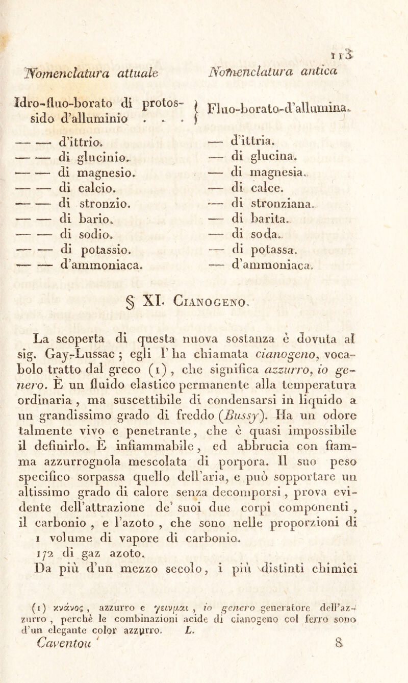 | Fluo-boratOf-d all umilia», »— d îttria. — di glucina. — di magnesia. -— di calce. ►— di stronziana. -— di barita. ■— di soda. — di potassa. — d’ammoniaca. § xi. Cianogeno. La scoperta di questa nuova sostanza è dovuta al sig. GajrLussac ; egli Y ha chiamata cianogeno, voca- bolo tratto dal greco (i) , che significa azzurro, io ge- lido. E un fluido elastico permanente alla temperatura ordinaria , ma suscettibile di condensarsi in liquido a un grandissimo grado di freddo (Bussjr). Ha un odore talmente vivo e penetrante, che è quasi impossibile il definirlo. E infiammabile, ed abbrucia con fiam- ma azzurrognola mescolata di porpora. Il suo peso specifico sorpassa quello dell’aria, e può sopportare un altissimo grado di calore senza decomporsi, prova evi- dente dell’attrazione de’ suoi due corpi componenti , il carbonio , e l’azoto , che sono nelle proporzioni di i volume di vapore di carbonio. 1/2 di gaz azoto. Da più d’un mezzo secolo, i più distinti chimici (t) xvâvoç, azzurro e yzivuou , io genero generatore dell’az- zurro , perchè le combinazioni acide di cianogeno col ferro sono d’un elegante color azzurro. L. Carentou & Idro-fino-borato di protos- sido d’alluminio -— — d’ittrio. — — di glucinio. — — di magnesio. — — di calcio. ■— — di stronzio. — —- di bario. -— -— di sodio. — — di potassio. =— — d’ammoniaca.