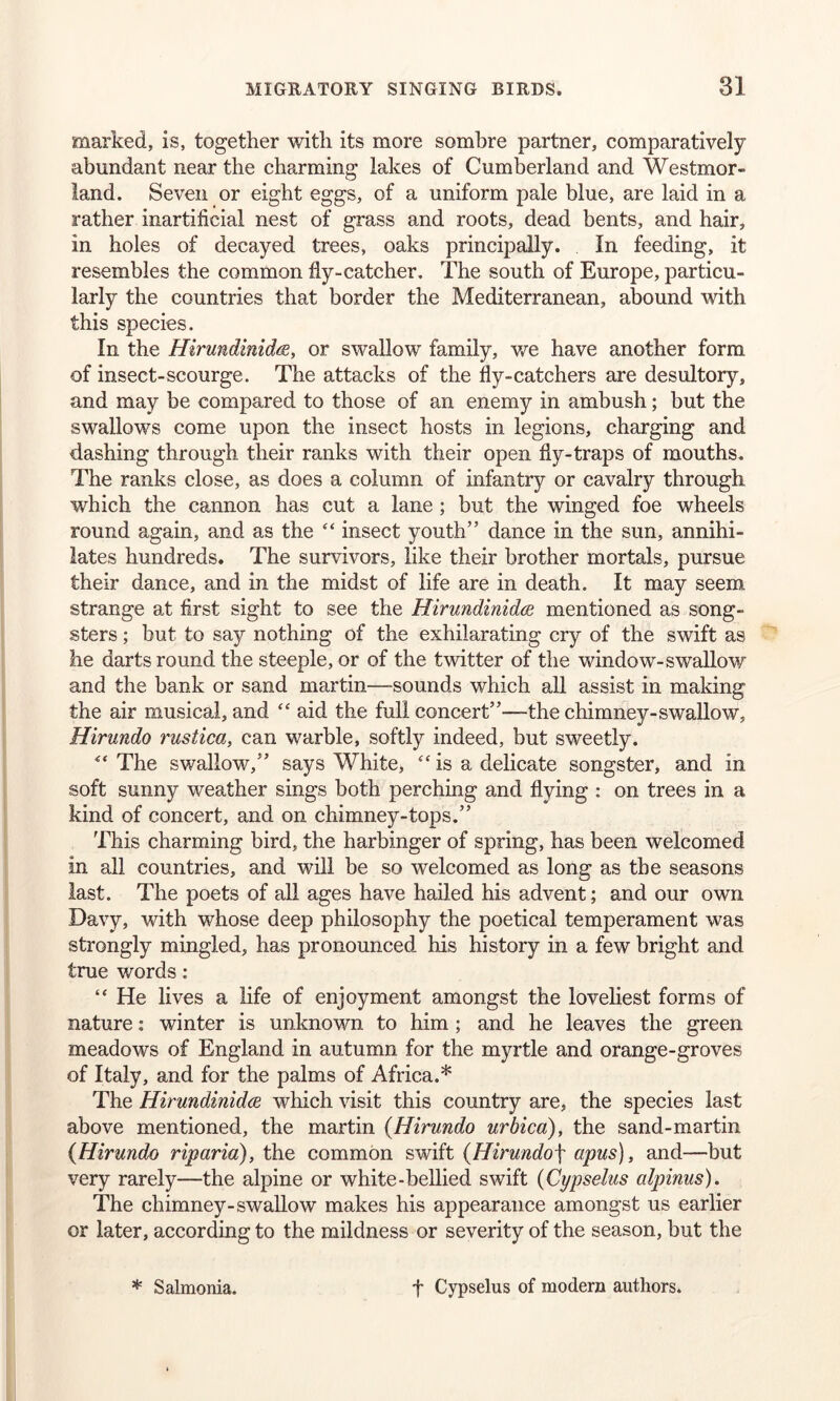 marked, is, together with its more sombre partner, comparatively abundant near the charming lakes of Cumberland and Westmor- land. Seven or eight eggs, of a uniform pale blue, are laid in a rather inartificial nest of grass and roots, dead bents, and hair, in holes of decayed trees, oaks principally. In feeding, it resembles the common fly-catcher. The south of Europe, particu- larly the countries that border the Mediterranean, abound with this species. In the Hirundinid/S, or swallow family, we have another form of insect-scourge. The attacks of the fly-catchers are desultory, and may be compared to those of an enemy in ambush; but the swallows come upon the insect hosts in legions, charging and dashing through their ranks with their open fly-traps of mouths. The ranks close, as does a column of infantry or cavalry through which the cannon has cut a lane; but the winged foe wheels round again, and as the “ insect youth” dance in the sun, annihi- lates hundreds. The survivors, like their brother mortals, pursue their dance, and in the midst of life are in death. It may seem strange at first sight to see the Hirundinidca mentioned as song- sters ; but to say nothing of the exhilarating cry of the swift as he darts round the steeple, or of the twitter of the window-swallow and the bank or sand martin—-sounds which all assist in making the air musical, and “ aid the full concert”—the chimney-swallow, Hirundo rustica, can warble, softly indeed, but sweetly. *‘ The swallow,” says White, “ is a delicate songster, and in soft sunny weather sings both perching and flying : on trees in a kind of concert, and on chimney-tops.” This charming bird, the harbinger of spring, has been welcomed in all countries, and will be so welcomed as long as the seasons last. The poets of all ages have hailed his advent; and our own Davy, with whose deep philosophy the poetical temperament was strongly mingled, has pronounced his history in a few bright and true words: “ He lives a life of enjoyment amongst the loveliest forms of nature: winter is unknown to him ; and he leaves the green meadows of England in autumn for the myrtle and orange-groves of Italy, and for the palms of Africa.* The Hirundinidce which visit this country are, the species last above mentioned, the martin (Hirundo urbica), the sand-martin {Hirundo riparia), the common swift {Hirundo\ apus), and-—but very rarely—the alpine or white-bellied swift {Cypselus alpinus). The chimney-swallow makes his appearance amongst us earlier or later, according to the mildness or severity of the season, but the * Salmonia. f Cypselus of modern authors.