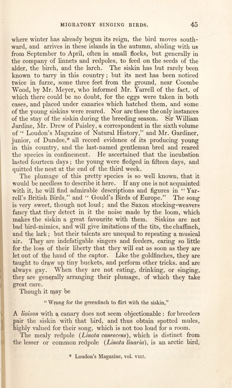 where winter has already begun its reign, the bird moves south- ward, and arrives in these islands in the autumn, abiding with us from September to April, often in small flocks, but generally in the company of linnets and redpoles, to feed on the seeds of the alder, the birch, and the larch. The siskin has but rarely been known to tarry in this country; but its nest has been noticed twice in furze, some three feet from the ground, near Coombe Wood, by Mr. Meyer, who informed Mr. Yarrell of the fact, of wffiich there could be no doubt, for the eggs were taken in both cases, and placed under canaries wdiich hatched them, and some of the young siskins wrere reared. Nor are these the only instances of the stay of the siskin during the breeding season. Sir William Jardine, Mr. Drew of Paisley, a correspondent in the sixth volume of “ Loudon’s Magazine of Natural History,” and Mr. Gardiner, junior, of Dundee,* all record evidence of its producing young in this country, and the last-named gentleman bred and reared the species in confinement. He ascertained that the incubation lasted fourteen days; the young w7ere fledged in fifteen days, and quitted the nest at the end of the third week. The plumage of this pretty species is so well known, that it would be needless to describe it here. If any one is not acquainted W'ith it, he will find admirable descriptions and figures in “ Yar- rell’s British Birds/’ and “ Gould’s Birds of Europe.” The song is very sweet, though not loud; and the Saxon stocking-weavers fancy that they detect in it the noise made by the loom, which makes the siskin a great favourite with them. Siskins are not bad bird-mimics, and will give imitations of the tits, the chaffinch, and the lark; but their talents are unequal to repeating a musical air. They are indefatigable singers and feeders, caring so little for the loss of their liberty that they wdll eat as soon as they are let out of the hand of the captor. Like the goldfinches, they are taught to draw7 up tiny buckets, and perform other tricks, and are always gay. When they are not eating, drinking, or singing, they are generally arranging their plumage, of which they take great care. Though it may be “ Wrong for the greenfinch to flirt with the siskin,” A liaison with a canary does not seem objectionable : for breeders pair the siskin with that bird, and thus obtain spotted mules, highly valued for their song, which is not too loud for a room. The mealy redpole (Linota canescens), which is distinct from the lesser or common redpole (Linota linaria), is an arctic bird, * Loudon’s Magazine, vol. vm.