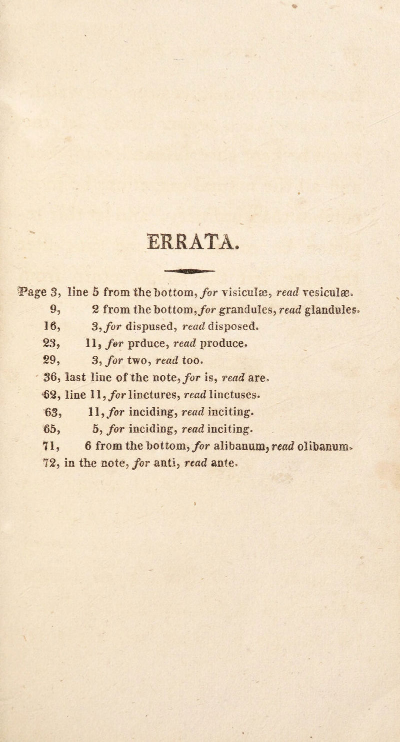 9, 2 from the bottom,/or grandules, read glandules. 16, 3,/or dispused, reocZ disposed. 23, 11, /or prduce, read produce. 29, 3, for two, read too. 36, last line of the note,/or is, read are. 62, line 11,/orlinctures, re^d linctuses. 63, 11,/or inciding, read inciting. 65, 5, for inciding, read inciting. 71, 6 from the bottom, for alibanum, read olibanum* 72, in the note, for anti, read ante.