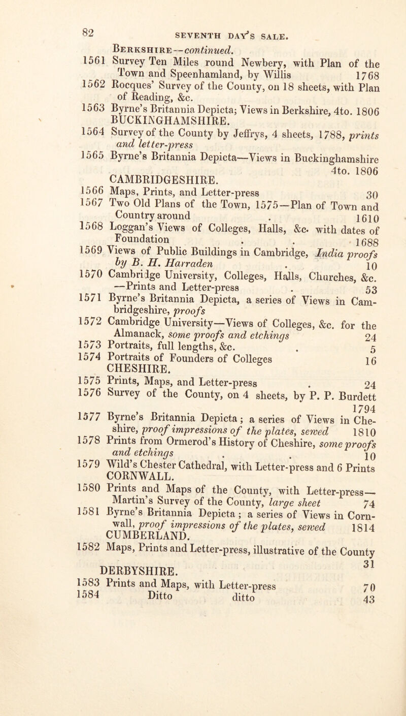 BERKSHTRE — COT^^mWe^^. 1561 Survey Ten Miles round Newbery, with Plan of the Town and Speenhamland, by Willis 1768 1562 Kocques’ Survey of the County, on 18 sheets, with Plan of Reading, &c. 1563 Byrne’s Britannia Depicta; Views in Berkshire, 4to. 1806 BUCKINGHAMSHIRE. 1564 Survey of the County by Jeffrys, 4 sheets, 1788, -prints and letter-press 1565 Byrne’s Britannia Depicta—Views in Buckinghamshire 4to. 1806 CAMBRIDGESHIRE. 1566 Maps, Prints, and Letter-press 30 1567 Two Old Plans of the Town, 15/5—Plan of Town and Country around . iqiq 1568 Loggan’s Views of Colleges, Halls, &c. with dates of Foundation . . 2688 1569 Views of Public Buildings in Cambridge, India -proofs h-y B. H. Harraden . 20 1570 Cambridge University, Colleges, Hadis, Churches, &c. —Prints and Letter-press . 53 1571 Byrne’s Britannia Depicta, a series of Views in Cam- bridgeshire, proofs 1572 Cambridge University—Views of Colleges, &c. for the Almanack, so-me proofs and etchings 24 1573 Portraits, full lengths, &c. . 5 1574 Portraits of Founders of Colleges 26 CHESHIRE. 1575 Prints, Maps, and Letter-press . 24 1576 Survey of the County, on 4 sheets, by P. P. Burdett 1794 1577 Byrne’s Britannia Depicta; a series of Views in Che- shire, proof impressions of the plates, sewed 1810 1578 Prints from Ormerod’s History of Cheshire, some proofs and etchings , , 20 15/9 Wild s Chester Cathedral, with Letter-press and 6 Prints CORNWALL. 1580 Prints and Maps of the County, with Letter-press Martin’s Survey of the County, large sheet 74 1581 Byrne’s Britannia Depicta; a series of Views in Corn- wall, proof impressions of the plates, sewed 1814 CUMBERLAND. 1582 Maps, Prints and Letter-press, illustrative of the County DERBYSHIRE. 1583 Prints and Maps, with Letter-press 70 1584 Ditto ditto 43