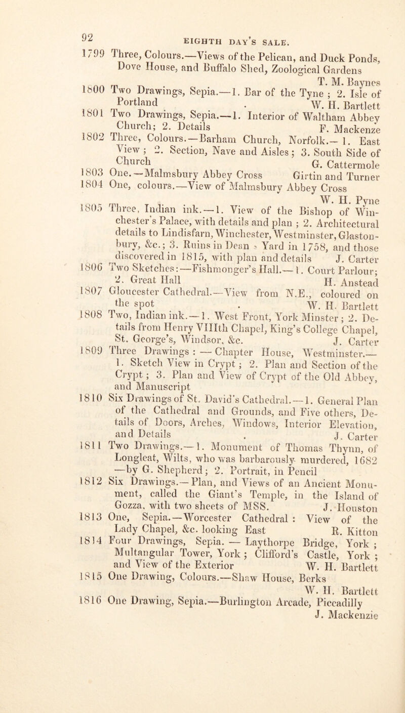 1799 IbOO 1801 1802 1803 1804 1805 180G 1807 1808 1809 eighth day’s sale. Three, Colours.—Views of the Pelican, and Duck Ponds, Dove House, and Duffalo Shed, Zoological Gardens . T. M, Baynes Iwo Drawings, Sepia.—1. Bar of the Tyne ; 2. Isle of Portland . w, h. Bartlett Iwo Drawings, Sepia.—1. Interior of Waltham Abbey Chuich; 2. Details Mackenze Ihree, Colours.—Barham Church, Norfolk.-1. East View ; 2. Section, Nave and Aisles; 3. South Side of Church Cattermole One.—Alalmsbury Abbey Cross Girtin and Turner One, colours.—View of Malmsbury Abbey Cross W. H. Pyne Ihree, Indian ink. —1. View of the Bishop of Win- chester s Palace, with details and plan ; 2. Architectural details to Lindisfarn, Winchester, Westminster, Glaston- bury, &c.; 3. Ruins in Dean ? Yard in 1/58, and those ^discovered in 1815, with plan and details J. Carter Two Sketches:—Fishmonger’s Hall.— 1. Court Parlour; 2. Great Hall Anstead Gloucester Cathedral.—View from N.E., coloured on . W. H. Bartlett Iwo, Indian ink. —1. West Front, York Minster; 2. De- tails from Henry Vlllth Chapel, King’s College Chapel, St. George’s, Windsor, &c. J. Carter 1810 1811 1812 1813 1814 1815 1816 Three Drawings : — Chapter House, Westminster.- 1. Sketch View in Crypt ; 2. Plan and Section of the Crypt; 3. Plan and View of Crypt of the Old Abbey, and Manuscript Six Drawings of St. David’s Cathedral. —1. General Plan of the Cathedral and Grounds, and Five others. De- tails of Doors, Arches, Windows, Interior Elevation, and Details . j. Carter Two Drawings.— !. Monument of Thomas Thynn, of Longleat, Wilts, who ^vas barbarously murdered, 1682 —by G. Shepherd; 2. Portrait, in Pencil Six Drawings.— Plan, and Views of an Ancient Monu- ment, called the Giant’s Temple, in the Island of Gozza, with two sheets of MSS. J. Houston One, Sepia.—Worcester Cathedral : View' of the Lady Chapel, &c. looking East R. Kitton Four Drawings, Sepia. — Laythorpe Bridge, York ; Multangular Tower, York ; Clifford’s Castle, York ; and View of the Exterior W. H. Bartlett One Drawing, Colours.—Shaw House, Berks W. H. Bartlett One Drawing, Sepia.—Burlington Arcade, Piccadilly J. Mackenzie