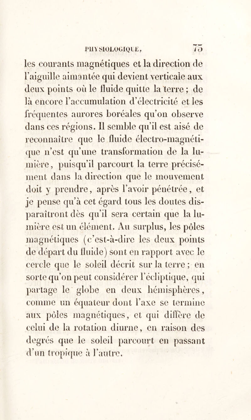 l‘iiVS10L0(jllQLE, /O les couraïUs magnétiques et la direction de raiguille aimantée qui devient verticale aux deux points où le Huide quitte la terre ; de là encore raccumulation d’électricité et les fréquentes aurores boréales qu’on observe dans ces régions. Il semble qu’il est aisé de reconnaître que le^fluide électro-magnéti- (jue n’est qu’une transformation de la lu- mière, puisqu’il parcourt la terre précisé- ment dans la direction que le mouvement doit y prendre, après l’avoir pénétrée, et je pense qu’à cet égard tous les doutes dis- paraîtront dès qu’il sera certain que la lu- mière est un élément. Au surplus, les pôles magnétiques (c’est-à-dire les deux points de départ du fluide) sont en rapport avec le cercle que le soleil décrit sur la terre ; en sorte qu’on peut considérer Fécliplique, qui partage le‘ globe en deux hémisphères, comme un équateur dont l’axe se termine aux pôles magnétiques, et qui diffère de celui de la rotation diurne, en raison des de grés que le soleil parcourt en passant d’un tropique à l’autre.