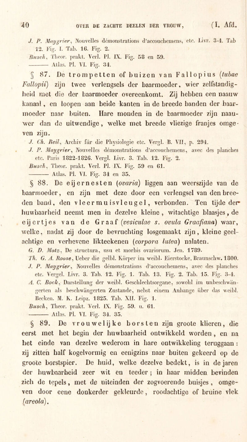 J. P. Mdijgrier^ Nouvelles dómonstrations cl’accoucliemens, etc. Livr. 3-i. Tab 12. Fig. L Tab. 16. Fig. 2. EuscJi^ Tlicor. prakt. Veil. PJ. IX. Fig. 58 en 59. Atlas. P]. VL Fig. 34. § 87. De trompetten of buizen van Fallopius (tuhae Fallopii) zijn twee verlengsels der baarmoeder, wier zelfstandig- heid met die der baarmoeder overeenkomt. Zij hebben een naauw kanaal, en loopen aan beide kanten in de breede banden der baar- moeder naar buiten. Hare monden in de baarmoeder zijn naau- wer dan de uitwendige, welke met breede vliezige franjes omge* ven zijn. J. Ch. Reil., .Vrcbiv fiir die Pbysiologie etc. Vergl. B. VII, p. 294. .ƒ. P. Maygrier^ Nouvelles démonstrations d’accouebemeiis, avec des planches etc. Paris 1822-1826. Vergl LivT. 3. Tab. 12. Fig. 2. Buscli^ Tlieor. prakt. Verl. Pl. IX. Fig. 59 en 61. Atlas. Pl. VI. Fig. 34 en 35. § 88. De eijernesten (ovaria) liggen aan weerszijde van de baarmoeder, en zijn met deze door een verlengsel van den broe- den band, den vleermuisvleugel, verbonden. Ten tijde der huwbaarheid neemt men in dezelve kleine , witachtige blaasjes, de eijertjes van de Graaf (vesiculae s. ovula Graafiana) waar, welke, nadat zij door de bevruchting losgemaakt zijn, kleine ged- achtige en verhevene likteekenen (corpora lutea) nalaten. G. D. Motz^ De structura, usu et morbis ovariorum. .len. 1789. Th. G. A. Roose., Ueber die gelbl. Körper im weibl. Eierstocke. Braunscliw. 1800. J. P. Maygrier.^ Nouvelles démonstrations d’accouchemens, avec des planches etc. Vergel. Livr. 3. Tab. 12. Fig. 1. Tab. 13. Fig. 2. Tab. 15. Fig. 3-4. O O O u A. C. Bock., Darstellung der weibl. Geschleclitsorgane, sowolil im unbeschwan- gerten als beschwangerten Zustande, nebst einem Anliange iiber das -weiljl Becken. M. K. Leipz. 1825. Tab. XII. Fig. 1. Busch., Theor. prakt. Verl. IX. Fig. 59. u. 61. Atlas. Pl. VI. Fig. 34. 35. § 89. De vrouwelijke borsten zijn groote klieren, die eerst met het begin der huwbaarheid ontwikkeld worden, en na het einde van dezelve wederom in hare ontwikkeling teruggaan : zij zitten half kogelvormig en eenigzins naar buiten gekeerd op de groote borstspier. De huid, welke dezelve bedekt, is in de jaren der huwbaarheid zeer wit en teeder; in haar midden bevinden zich de tepels, met de uiteinden dei' zogvoerende buisjes , omge- ven door eene donkerder gekleurde, roodachtige of bruine vlek (areola).