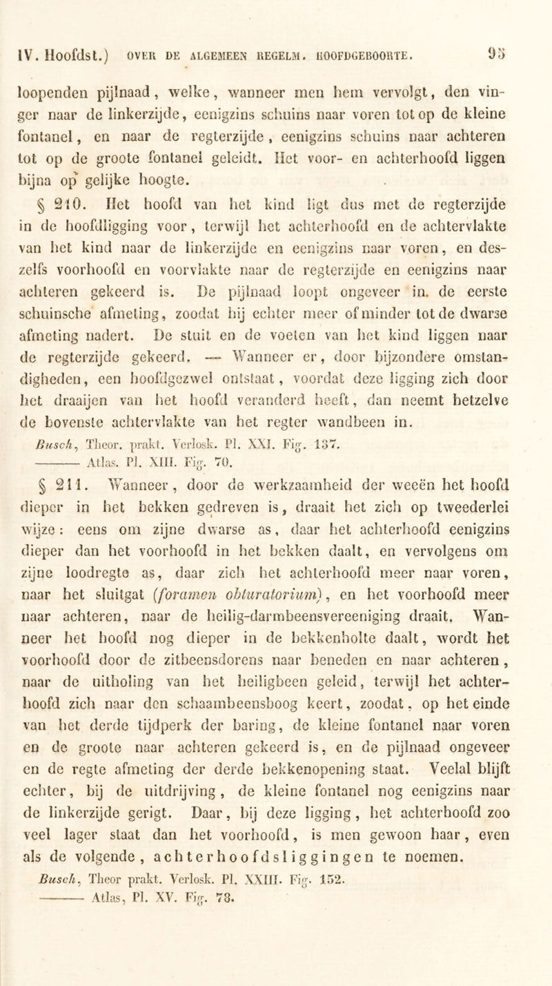 IV. lloofdst.) OVER DE ALGEMEEN IIEGELM. liOOFDGEBOOETE. 1)5 loopenden pijlnaad , welke, wanneer men hem vervolgt, den vin- ger naar de linkerzijde, eenigzins schuins naar voren tot op de kleine fontanel, en naar de regterzijde , eenigzins schuins naar achteren tot op de groote fontanel geleidt, lïct voor- en achterhoofd liggen hijna op^ gehjke hoogte. § 210. liet hoofd van het kind ligt dus met de regterzijde in de hoofdligging voor, terwijl het achterhoofd en de achtervlakte van het kind naar de linkerzijde en eenigzins naar voren, en des- zelfs voorhoofd en voorvlakte naar de regterzijde en eenigzins naar achteren gekeerd is. Be pijlnaad loopt ongeveer in. de eerste schuinsche afmeting, zoodat hij echter meer of minder tot de dwarse afmeting nadert. De stuit en de voelen van het kind liggen naar de regterzijde gekeerd. —« Wanneer er, door bijzondere omstan- digheden , een hoofdgezwci ontstaat, voordat deze ligging zich door het draaijen van het hoofd veranderd heeft, dan neemt hetzelve de bovenste achtervlakte van het regter wandbeen in. liiisch^ Tlieor. prakt. Vcrlosk. PI. XXL Lig-, 137. Atlas. Pi. XIII. Fig’. 70. § 211. Yv'anneer, door de werkzaamheid der weeën het hoofd dieper in het bekken gedreven is, draait het zich op tweederlei wijze: eens om zijne dwarse as, daar het achterhoofd eenigzins dieper dan het voorhoofd in het bekken daalt, en vervolgens om zijne loodregto as, daar zich het achterhoofd meer naar voren, naar het sluitgat {foramen ohturatorium), en het voorhoofd meer naar achteren, naar de heilig-darmbeensvereeniging draait. Wan- neer het hoofd nog dieper in de hekkenholte daalt, wordt het voorhoofd door de zitbeensdorens naar beneden en naar achteren, naar de uitholing van het heiligbeen geleid, terwijl het achter- lioofd zich naar den schaambeensboog keert, zoodat, op het einde van het derde tijdperk der haring, de kleine fontanel naar voren en de groote naar achteren gekeerd is, en de pijlnaad ongeveer en de regie afmeting der derde hekkenopening staat. Veelal blijft echter, bij de uitdrijving, de kleine fontanel nog eenigzins naar de linkerzijde gerigt. Daar, bij deze ligging, het achterhoofd zoo veel lager slaat dan het voorhoofd, is men gew'oon haar, even als de volgende, achterhoofdsliggingen Ie noemen. Busch^ Tlicor prakt. Verlosk. PI. XXIII. Fig-. 152. Atlas, PI. XV. Fig-. 78.