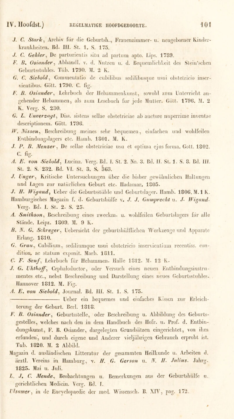 J, C. Starh^ Arclilv lür die Ge])LirLsli., Fraiienziinmer- ii. neugebomer Kiridcr- krankbciteii. Bel. III. St. 1, S. 175. J. C. Gelder^ De parturieiitis sitd ad partnm apto. Lips. 1789. F. B, Osiander^ Al)]iand]. y. d. Nutzen ii. d. BeiCjiicmücbKeit eles Sleiu’scben Gebiirlsstuldes. Tul). 1790. M. 2 K. G. C. Siehold^ Comnieiifcatio de cubilibus seclilibusque Ksui obslelricio inser- vientibus. Geilt. 1790. C. fig’. F. B. Osiander^ Lelubucb der Hebammenkunst, sowobl znm UntcvricJit an- jjeliender Hebanimen, als zetni Lesebeicb lur jede Muller. Geilt. 1796. .M. 2 K. Verg-. S. 230. G. L. Fnverzagt^ Diss. sistens sellae obslelriciae ab auclore iiupcrrime invenlae descriptionem. Gölt. 1796. W, JSissen^ Besebreibung meines sebr beqiiemen, eiafacbeu unel woblfcileii Enlbinelungslagers etc. Hamb. 1801. M. K. J. P. B. 3Ienzer ^ De sellae obslelriciae usu et oplima ejusforma. Golt. 1802. C. fig^. A. E. von Siehold^ Lucina. Verg. Bd. I. St. 2. No. 3. Bel. 11. St. 1. S. 8. Bel. UI. St. 2. S. 232. Bd. VI. St. 3. S. 363. J. Enger^ Kritische Untcrsucbmigen über die bisber ge\vblmlicberi Ilallimgen lind Lagen zur nalürlicben Geburt etc. Ilaelaniar. 1805. J. IL JVigand, Ueber die Geburtsstiible unel Geburtslager. Ilamb. 1806. M. IK. Hambmgisches Magazin f. d. GeburtS-bülfe v, J. J. Gumprecht u. /. Wigand^ Verg. Bel. I. St. 2. S. 25. A. Smithso?i^ Besebreibung eines zweckm. u. woblfeilen Geburtslagers feir alle Stiinde. Leipz. 1809. M. 9 K. B. N. G. Schreger^ Üebersiclit der gebuiTsbiillllclicn Werkzeuge unel Apparale Erlang. 1810. G. Gratc^ Cubilium, seeliliumejue usui obslelricio inseinicnliuin rccenliss. con- elitioEu ac statmn exponit. Marb. 1811. C. F. Senf^ Lebrbuch fiir Hebammen. Halle 1812. M. 12 K. J. G. Uhthoff^ Ceplialoductor, oder Versucb eines neuen Entbindungsinstru- mentes etc., nebst Besebreibung und Darstellung eines neues Gcburtsstiddes. ïlannover 1812. M. Fig. A. E, von Siehold^ Journal. Bd. IIL St. 1. S. 175. Ueber ein bequemes und einfacbes Kissen zur Erleich- terung der Geburt. Berk 1818. F. B. Osiander^ Geburtsslelie, oder Besebreibung u. Abbildung des Geburts- gestelles, \velches nacb den in dem Ilandbucb des Hofr. u. Prof. d. Entbin- dungskunst, F. B. Osiander, dargelegten Grundsatzen eingeriebtet, von ibni erfunden', und dureb eigene und Anderer vieljabrigen Gebraucb erprobt isl. Tub. 1820. M. 2 Abbill Magazin d. auslandiscben Litteratur der gesammten Heilkunde u. Arbeiten d. arztl. Vereins in Hamburg, v. H. G. Gerson u. iV. H. Julius. Jahrg. 1825. Mai u. Juli. L. C. Mende^ Beobacbtungen u. Bemerkungen aus der Geburlsliiilfe n. gericbllicben Medicin. Verg. Bd. I. l’lsanier^ in dc Encyclopaetlic der mcd. Wissenseb. B. XIV, pag. 172.