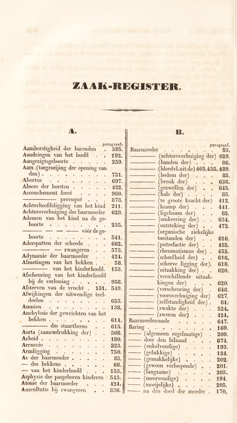 ZAAK-REOISTER. il.» M. paragraaf. Aamborstigheid der barenden . 385. Aandringen van het hoofd . . 192. Aangezi^sgeboorte 259. Aars (toegroeijing der opening van den) 731. Abortus 697. Absces der borsten 482. Accouchement forcé . . . . 960. provoqué . . . 878. Achterhoofdsligging van het kind 211. Aehteroverbuiging der baarmoeder 629. Ademen van het kind na de ge- boorte . 235. — — vóór de ge- boorte Aderspatten der scheede . . . — zwangeren . Adynamie der baarmoeder . . Afmetingen van het bekken . . van het kinderhoofd. Afscheuring van het kinderhoofd bij de verlossing Afsterven van de vrucht . 131. Afwijkingen der uitwendige teel- deelen Amnion Anchylosis der gewrichten van bekken het — des staartbeens . . Aorta (zamendrukking der) . . Arbeid Arcuccio Armligging As der baarmoeder — des bekkens — van het kinderhoofd . . . Asphyxie der pasgeboren kinderen Atonie der baarmoeder Auscultatie bij zwangeren , 541. 662. 573. 424. 58. : 153. 958. 549. 653. 138. 614. 615. 508. 180. 323. 750. 83. 66. 153. 543. 424. 836. I paragraaf^ Baarmoeder 83. (aehteroverbuiging der) 629. (banden der) . . . 86. (bloedvl.uit de) 405.435.489. (bodem der) . . . 85. (breuk der) . , . 638. (gezwellen der) . . 645. (hals der) .... 85. (te groote kracht der) 412. (kramp der) . . . 441. (ligchaam der) . . 85. (omkeering der) . . 634. (ontsteking der) . . 472. (organische ziekelijke toestanden der) . . 616. (putrefactie der) . . 485. (rheumatismus der) . 455. (scheefheid der) . . 616. (scheeve ligging der). 618. (uitzakking der) . . 620. (verschillende uitzak- kingen der) . . . 620. — (verscheuring der) . 648. (vooroverbuiging der) 627. (zelfstandigheid der) . 84.' (zwakte der) . . . 524. (zwieren der) . . . 424. Baarmoedersnede 647. Haring 169. (algemeen regelmatige) . 209. door den bilnaad . . . 674. (enkelvoudige) , . . . 193. ■ (gelukkige) 184. (gemakkelijke) .... 202. (gewoon verloopende) . . 201. —^—■ (langzame) . . . . . 203. (meervoudige) .... 194. (moeijelijke) 205. na den dood der moeder . 170,