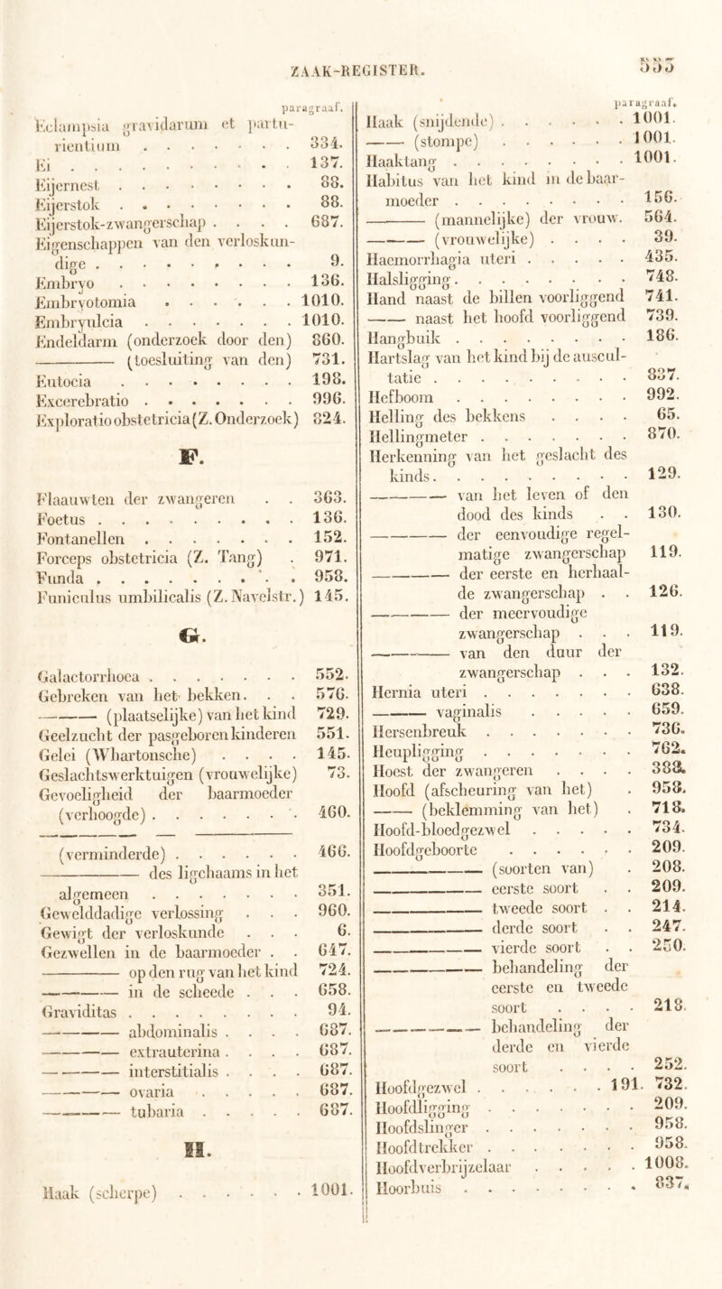 JI.S M 5t)t> paragraaf, KcUuu})siu Piavidaruni ])artii rientidiii Ki Kijcrnest , . . • Kijerstok . . • • Eijerstok-zwang'erscliai Kigenschap])cii van den vcrlosknn dige Knibryo .... Knibryotomia . . Einbrynlcia Endeldarm (onderzoek door den) 860. (toesluiting van den) 731. Eutocia 198. Exeerebratio 996. iixploratio obstetricia (Z. Onderzoek) 824. F. 334. 137. 88. 88. 687. 9. . 136. . 1010. . 1010. Elaauwten der zwangeren . . 363. Foetus 136. Fontanellen 152. Forceps obstetricia (Z. Tang) . 971. Funda ’ • • 958. iMiniculus iimbilicalis (Z. Navelstr.) 145. Oalactorrbüca 552. (icbreken van bet bekken. . . 576. — (plaatselijke) van bet kind 729. (ieelzucbt der pasgeboren kinderen 551. (lelei (Wbartonsclie) .... 145. Geslachtswerktuigen (vrouwelijke) 73. Gevoeligheid der baarmoeder (verhoogde) 460. (verminderde) des liaebaams in het alfferneen Gewelddadige verlossing . . Gewigt der verloskunde Gezwellen in de baarmoeder . opdenrug vanlietkiiK in de sclieede Graviditas abdominalis . extrauterina . interstitial is . ovaria tubaria . 466. 351. 960. 6. 647. 724. 658. 94. 687. 687. 687. 687. 687. Haak (snijdende) (stompe) llaaktang Habitus van bcL kind in de baar- moeder (mannelijke) der vrouw, (vrouwelijke) .... Hacmorrhagia utcri Ilalsligging Hand naast de billen voorliggend naast bet hoofd voorliggend Hangbuik Hartslag van het kind bij de auscul- tatie Hefboom Helling des bekkens .... Ilellingmeter Herkenning van liet geslacht des kinds van het leven of den dood des kinds der eenvoudige regel- matige zwangerschap der eerste en herhaal- de zw^angerschap . der meervoudige zwangerschap . van den tlaur zwangerschap pa ra;; raai* . 1001. . 1001. . 1001. der Hernia uteri vaginalis Haak (scherpe) . 1001. Hersenbreuk .... Hcupligging .... Hoest der zwangeren Hoofd (afscheuring van het) (beklemming van het) Hoofd-bloed jjezw'el Hoofdgeboorte Hüofdgezw'cl . Hoofdligging . Hoofdslingcr . Hoofd trekker . Hoofdverlirijzelaai Hoorbuis (soorten van) eerste soort tweede soort . derde soort vierde soort behandeling der eerste en tweede soort .... bcbandeling der derde en vierde soort .... 191 156. 564. 39. 435. 748. 741. 739. 186. 837. 992. 65. 870. 129. 130. 119. 126. 119. 132. 638. 659. 736. 762. 38a 958. 718. 734. 209. 208. 209. 214. 247. 250. 218. 252. 732. 209. 958. 958. 1008. 837,