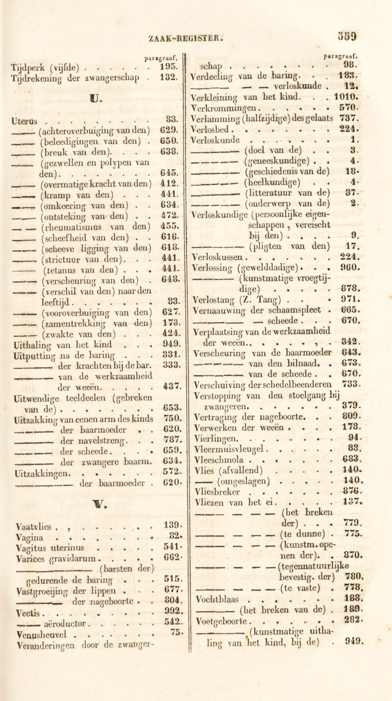 paragraaf. Tijdperk (vijfde) 195. Tijdrekening der zAvangerscliap . 132. u. Uterus . 93. (achteroverbuiging van den) 629. (beleedigingen van den) . 650. (breuk van den). . . . 638. (gezwellen en polypen van den) 645. (overmatigekracht van den) 412. —(kramp van den) . . . 441. (omkeering van den) . . 634. (ontsteking van den) . . 472. (rbeumatisniQS van den) 455. (scheefbeid van den) . . 616. (scheeve ligging van den) 618. (strictuur van den). . . 441. (tetanus van den) . . . 441. (verscheuring van den) . 648. (verschil van den) naarden leeftijd 83. (vooroverbuiging van den) 627. —■— (zamentrekking van den) 173. (zwakte van den) . . . 424. Uithaling van het kind . . . 949. Uitputting na de haring . . . 331. der krachten bij de bar. 333. - van de werkzaamheid der weeën 437. Uitwendige teeldeelen (gebreken van de) 653. Uitzakking van eenen arm des kinds 750. der baarmoeder . . 620. der navelstreng. . . 787. der scheede. . . • • 659. der zwangere baarm. 634. Uitzakkingen. . • . . . • 5^2. der baarmoeder . 620* w. Vaatvhes . , ....... 139. Vagina • 92« Vagitus uterinus 541* Varices gravidarum 662* (barsten der) gedurende de haring . ♦ • 515. Vastgroeijing der lippen . • • 677. der nageboorte . . 804. Vectis 992. —— aë’roductor 542. Venusheuvel Veranderingen door de zwanger- paragruaf. schap 98. Verdeeling van de haring. . . 183. —• — verloskunde . 12 • Verkleining van het kind. . . 1010. Verkrommingen. . . . . . 570- Verlamming (halfzijdige) desgelaats 737. Verlosbed 224» Verloskunde 1. (doel van de) . . 3. (geneeskundige) . . 4. (geschiedenis van de) 18» — (heelkundige) . . 4- —— (litteratuur van de) 37* (onderwerp van de) 2. Verloskundige (persoonlijke eigen- schappen , vereischt bij den) .... 9. (pligten van den) 17. Verloskussen 224. Verlossing (gewelddadige). . • 960. (kunstmatige vroegtij- dige) ..... 878. Verlostang (Z. Tang) . . • 971, Vernaauwing der schaamspleet . 665. — scheede . . . 670. Verplaatsing van de werkzaamheid der weeën • 842. Verscheuring van de baarmoeder 643, van den bilnaad. . 673. van de scheede . . 670. Verschuiving der schedelbeenderen 733. Verstopping van den stoelgang bij zwangeren. 379. Vertraging der nageboorte. . . 809. Verwerken der weeën .... 178. Vierlingen. ....... 94. Vleermuisvleugel 88. Vleeschmola 683. Vlies (afvallend) 140. —— (omgeslagen) 140. Vliesbreker 876. Vliezen van het ei 137, (het breken der) . . . 779. — — — (te dunne) . 775. — (kunstm. ope- nen der). . 870. — — —(tegennatuurlijke bevestig, der) 780, — (te vaste) . 778, Vochtblaas 188. (het breken van de) . 189. Voetgeboorte 282. (kunstmatige uitha- ling van het kind, bij de) . 949.