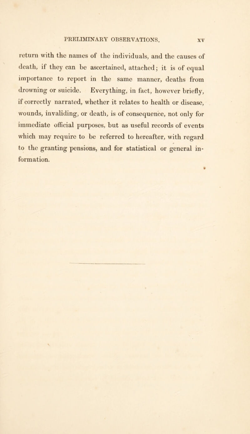 return with the names of the individuals^ and the causes of death, if they can be ascertained, attached; it is of equal importance to report in the same manner, deaths from drowning or suicide. Everything, in fact, however briefly, if correctly narrated, whether it relates to health or disease, wounds, invaliding, or death, is of consequence, not only for immediate official purposes, but as useful records of events which may require to be referred to hereafter, with regard to the granting pensions, and for statistical or general in- formation.