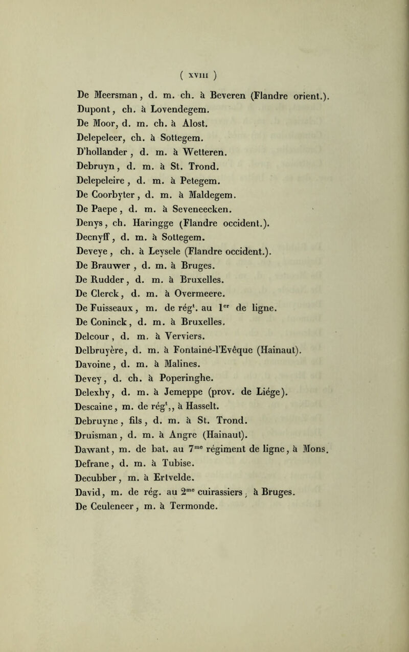 De Meersman, d. m. ch. à Beveren (Flandre orient.). Dupont, ch. à Lovendegem. De Moor, d. m. ch. à Alost. Delepeleer, ch. à Sottegem. D’hollander , d. m. à Wetteren. Debruyn, d. m. à St. Trond. Delepeleire , d. m. à Petegem. De Coorbyter, d. m. à Maldegem. De Paepe, d. m. à Seveneecken. Denys, ch. Haringge (Flandre occident.). Decnyff, d. m. à Sottegem. Deveye, ch. à Leysele (Flandre occident.). De Brauwer , d. m. à Bruges. De Rudder, d. m. à Bruxelles. De Clerck, d. m. à Overmeere. DeFuisseaux, m. de rég1. au 1er de ligne. De Coninck, d. m. à Bruxelles. Delcour, d. m. à Verviers. Delbruyère, d. m. à Fontainé-l’Evêque (Hainaut). Davoine, d. m. à Malines. Devey, d. ch. à Poperinghe. Delexhy, d. m. à Jemeppe (prov. de Liège). Descaine, m. de rég4,, à Hasselt. Debruyne, fils , d. m. à St. Trond. Druisman, d. m. à Angre (Hainaut). Dawant, m. de bat. au 7mo régiment de ligne, à Mons. Defrane, d. m. k Tubise. Decubber, m. à Ertvelde. David, m. de rég. au 2m° cuirassiers ; à Bruges. De Ceuleneer, m. à Termonde.