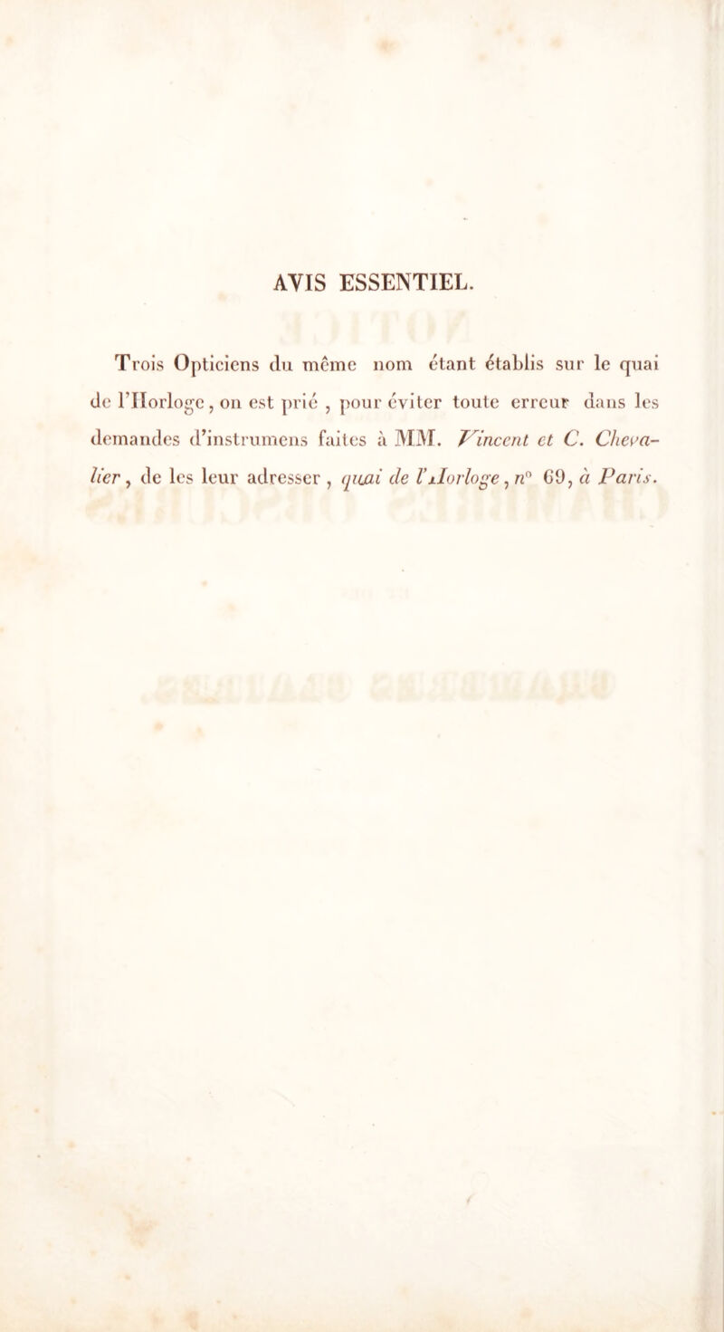 AVIS ESSENTIEL. Trois Opticiens du meme nom étant établis sur le quai de l’Horloge ? on est prié , pour éviter toute erreur dans les demandes d’instrumens faites à MM. Vincent et C. Cheva- lier , de les leur adresser , quai de l’xlorloge, nn 09, à Paris.