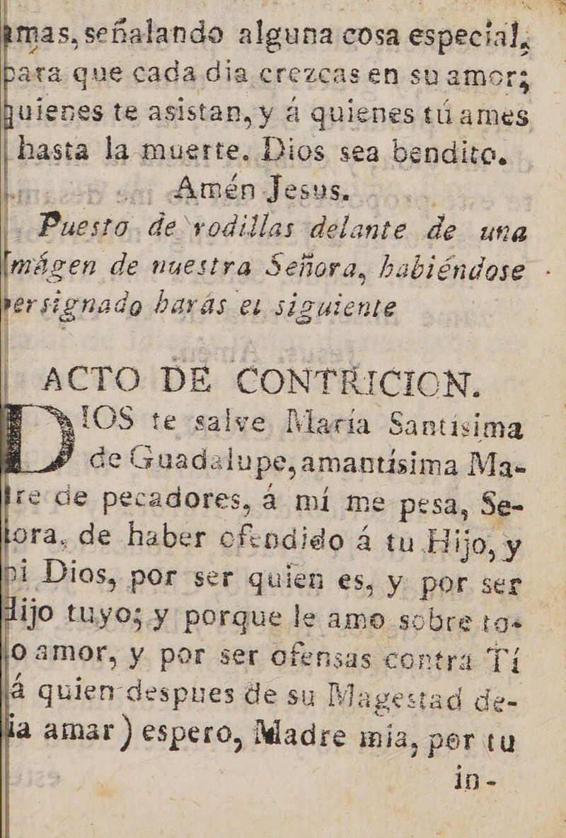 pmas, señalando alguna cosa especial, ara que cada dia crezcas en su amor; Quienes te asistan, y á quienes tú ames ¡basta la muerte. Dios sea bendita. hos B us Amen Jesus, |. Puesto de vodillas delante de una [másen de nuestra Señora, habiéndose persignado harás el siguiente  ACTO DE CONTÉICION, E LOS te salve María Santisima A 4 de Guadalupe, amantísima Ma. Ire de pecadores, á mí me pesa, Se- lora. de haber ofendido á tu Hijo, y bi Dios, por ser quien es, y por ser dijo tuyo; y porque le amo sobre tos 0. amor, y por ser ofensas contra Ti [á quien despues de su Magestad de- lla amar ) espero, Madre mía, por tu in -    