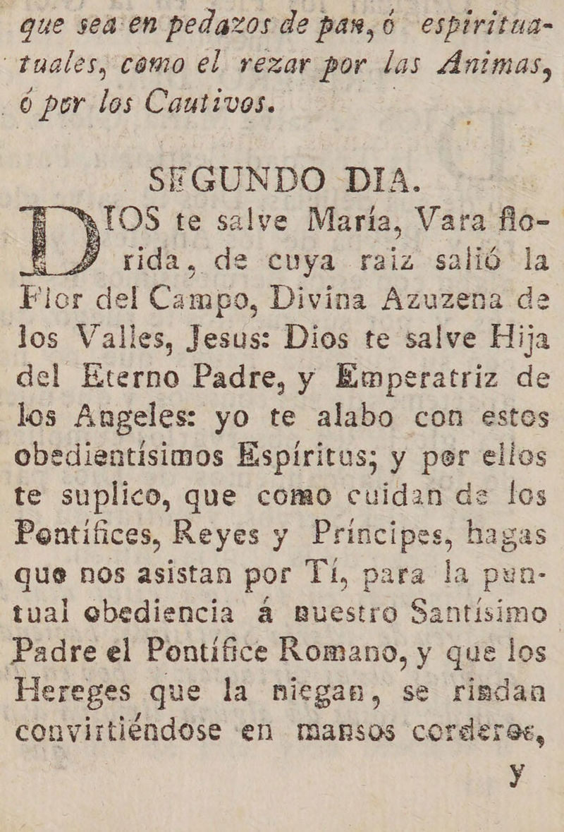 que sea:en pedazos de pan, 6 espiritua- puales, camo el rezar por las Ánimas, 6 por los Cautivos. SEGUNDO DIA. | MIOS te salve María, Vara flo- ¡4 vida, de cuya raiz salió la Flor del Campo, Divina Azuzena de los Valles, Jesus: Dios te salve Hija del Eterno Padre, y Emperatriz de los Angeles: yo te alabo con estos obedientisimos Espíritus; y por ellos te suplico, que como cuidan de los Pontifices, Reyes y Principes, hagas que nos asistan por Ti, para la pun- tual obediencia á nuestro Santísimo Padre el Pontifice Romano, y que los Hereges que la niegan, se di convirtiéndose en mansos corderos y