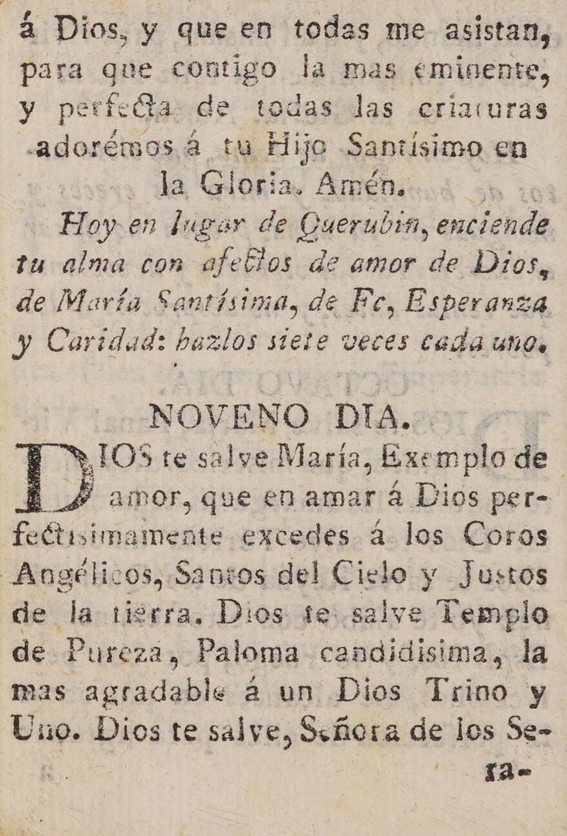 a Dios, y que en todas me asistan, para que contigo la mas eminente, y perfecta: de todas las .criawuras <adorémos a tu Hijo Santísimo en la Gloria. Amén. 7 en lugar de Cuerubin, enciende tu alma con afeltos de amor de Dios, de María Santísima, de Ec, Esperanza y Caridad: bazlos siete veces cada unos NOVENO DIA. ! y 10s S te salve María, Be mplo de ES años, que en amar 4 Dios per- patas excedes a los Coros Angélicos, Santos del Cielo y Justos de la tigrra. Dios te salve Templo de Pureza, Paloma candidisima., la mas agradable a un Dios Trino y Uno. Dios te salve, Señora de los Se- E E 