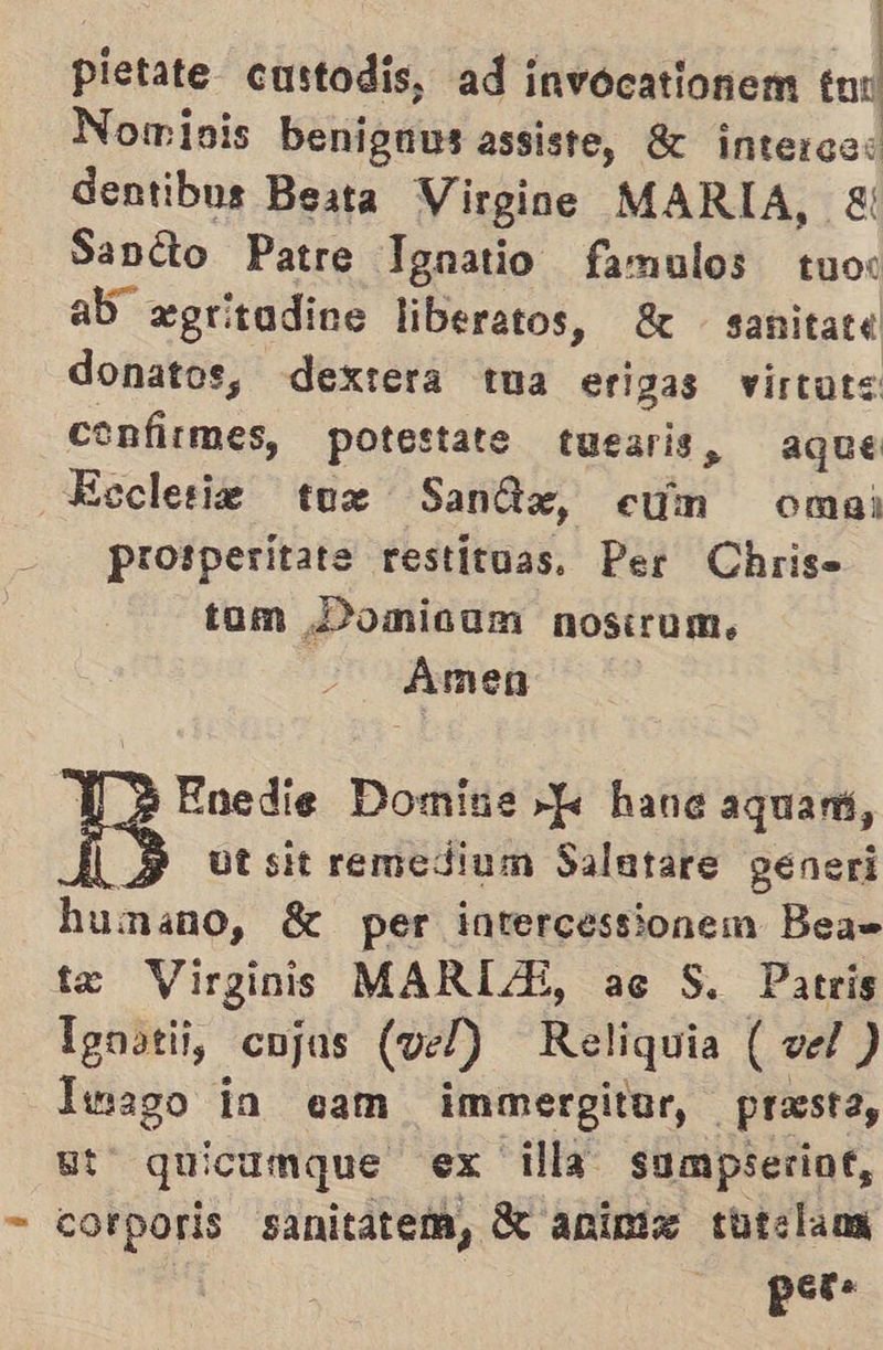pietate custodis, ad invocationem tor Nowminis benignus assiste, 82 intere: dentibus Beata Virgine MARIA, €l Sanéto Patre Ignatio famulos tuo: ab” egritudine liberatos, 8 sanitate donatos, dexrera tua erigas virtuts confirmes, potestate tuearis, aque Ecclesie tue Sande, cun omai prosperitata restituas. Per Chrise tam Domicam nosirum. Amen 1 Enedie Domine e hane aquam, E ut sit remedium Salutare generi humano, S per intercessionem Bea= te Virginis MARIA, ac S. Patris Ignstii, cojas (vel) Reliquia (vel ) Iwago ia «am immergitar, | presta, ut quicumque ex illa sumpseriot, - corporis sanitatem, d% aninto tutelaoa per»