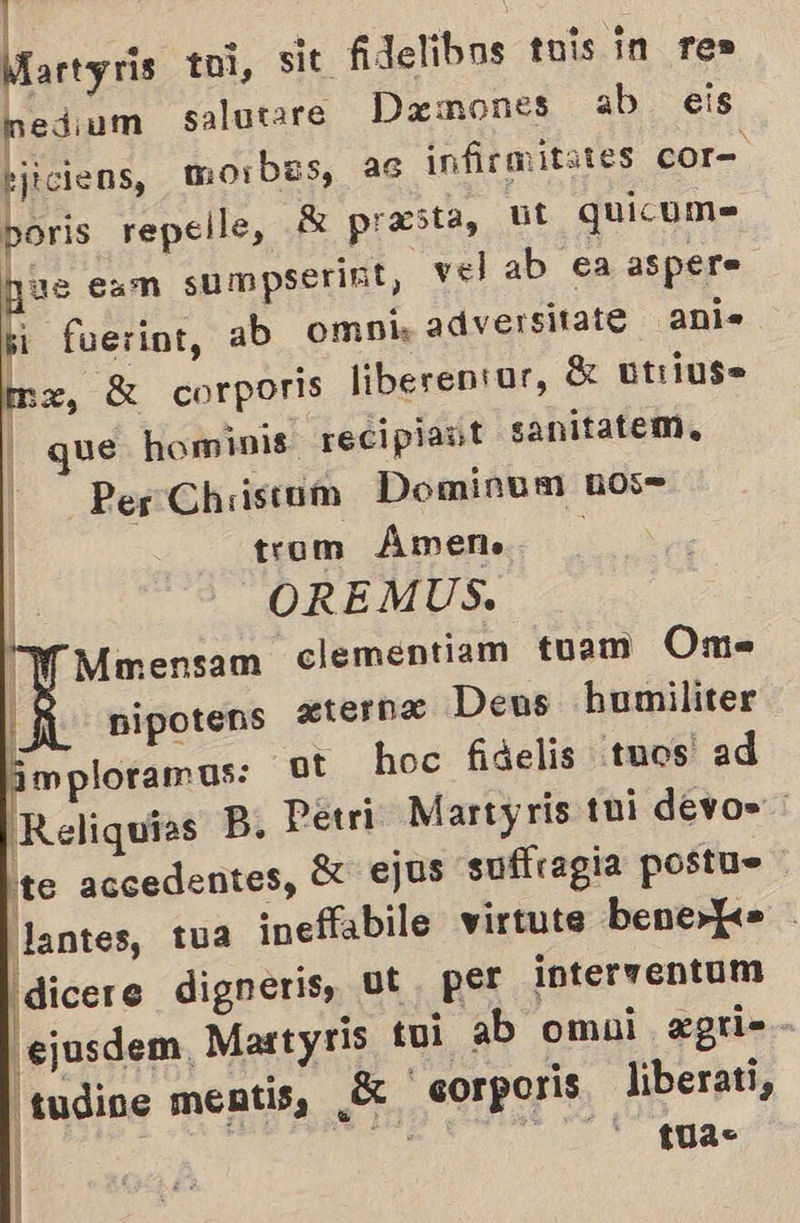 artyris tol, sit fidelibos tois in res edijum salutare Daemones ab eis bjiciens, morbes, as infirmitates cor= poris repelle, 8 presta, ut quicum- ue eam sumpseriñit, vel ab ea aspere bi fuerint, ab omni, adversitate ani. nx, S corporis liberentor, 8% utrius> | que hominis. reciplant sanitatem, Per Christo Dominum nOs= | trum Ámene | OREMUS. (Mmensam clementiam tuam Ome | pipotens Xternz Deus humiliter pai ot hoc fidelis tuos ad R eliquías B, Petri Martyris tui devo» lte accedentes, 3 ejus sufíragia postu= llantes, tua ineffabile virtute bene»ke idicere digneris,. ut per interventum ejusdem, Mastyris tui ab omui xegri=- |tudios mentis, E _sorporis liberati, | ee EUA     EA