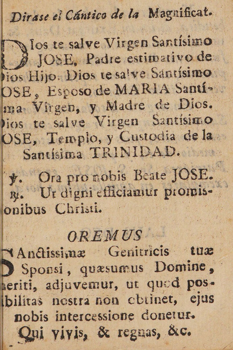 Dirase el Cántico de la rad ha        y los te salve Virgen Santísimo $ JOSE, Padre estimativo de dios Hijo. Dios tesalve Sántísimo: DSE, Esposo de MARÍA Santí» lima: Virgen, y Madre de Dios. dios te salve Virgen Santisimo OSE,. Templo, y Custodia dela. Santísima TRINIDAD. | E Ora pro nobis Beate JOSE. | | y. Ur digri eficiamur sb tiiidd da Ch bristi. S | ORE, M US: MA nétissima ¡Guéblido: “tU% > 1) Sponsi, quesumus Domine, ' keriti, adjuvemur, ut que :d pos» Ibilitas nostra non cbiinet, ejus nobis intercessione Conetur. Qui viyis, Ó regnas, $e   