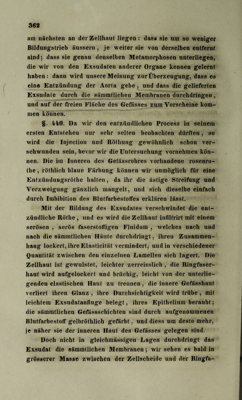 am nächsten an der Zellhaut liegen: dass sie um so weniger Bildungstrieb äusseru , je weiter sie von derselben entfernt sind; dass sie genau denselben Metamorphosen unterliegen, die wir von den Exsudaten anderer Organe kennen gelernt haben: dann wird unsere Meinung zur Überzeugung, dass es eine Entzündung der Aorta gebe, und dass die gelieferten Exsudate durch die sämmtlichen Membranen durchdringen , und auf der freien Fläche des Gefässes zum Vorscheine kom¬ men können. §. 440. Da wir den entzündlichen Process in seinem ersten Entstehen nur sehr selten beobachten dürften, so wird die Injection und Röfhung gewöhnlich schon ver¬ schwunden sein, bevor wir die Untersuchung vornehmen kön¬ nen. Die im Inneren des Gefässrolires vorhandene rosenro- the, röthlich blaue Färbung können wir unmöglich für eine Entzündungsrüthe halten, da ihr die ästige Streifung und Verzweigung gänzlich mangelt, und sich dieselbe einfach durch Imbibition des Blutfarbestoffes erklären lässt. Mit der Bildung des Exsudates verschwindet die ent¬ zündliche Röthe , und es wird die Zellhaut infiltrirt mit einem serösen , serös faserstoffigen Fluidum , welches nach und nach die sämmtlichen Häute durchdringt, ihren Zusammen¬ hang lockert, ihre Elasticität vermindert, und in verschiedener Quantität zwischen den einzelnen Lamellen sich lagert. Die Zellhaut ist gewulstet, leichter zerreisslich , die Ringfaser¬ haut wird aufgelockert und brüchig, leicht von der unterlie¬ genden elastischen Haut zu trennen, die innere Gefässhaut verliert ihren Glanz , ihre Durchsichtigkeit wird trübe , mit leichtem Exsudatanlluge belegt, ihres Epithelium beraubt; die sämmtlichen Gefässschichten sind durch aufgenommenen Blutfarbestoff gelbröthlicli gefärbt, und diess um desto mehr, je näher sie der inneren Haut des Gefässes gelegen sind. Doch nicht in gleichmässigen Lagen durchdringt das Exsudat die sämmtlichen Membranen; wir sehen es bald in grösserer Masse zwischen der Zellscheide und der Ringfa-
