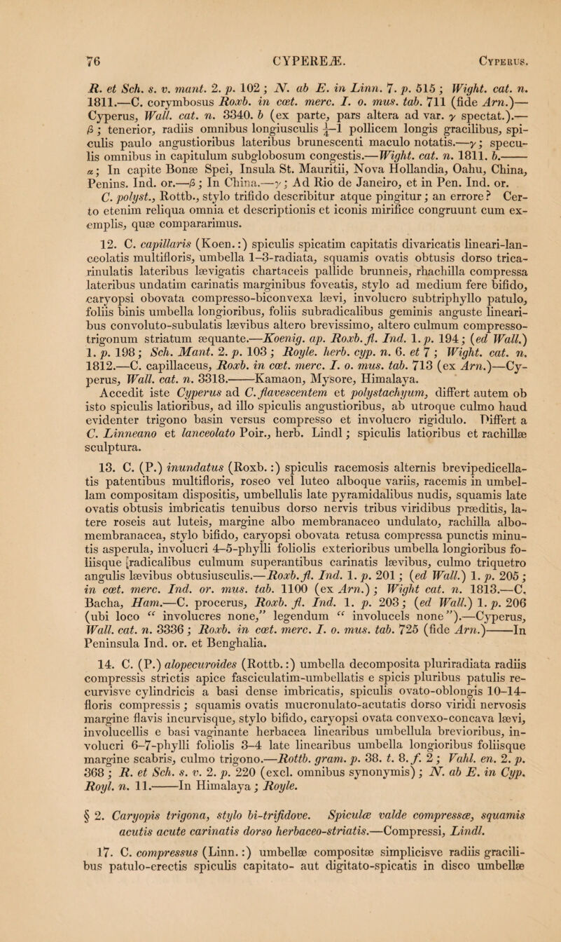 R. et Sch. s. v. mant. 2. p. 102 ; JV. ab E. in Linn. 7. p. 515 ; Wight. cat. n. 1811. —C. corymbosus Roxb. in ccet. mere. I. o. mus. tab. 711 (fide Arn.)— Cyperus, Wall. cat. n. 3340. b (ex parte, pars altera ad var. y spectat.).— fi; tenerior, radiis omnibus longiusculis ^-1 pollicem longis gracilibus, spi¬ culis paulo angustioribus lateribus brunescenti maculo notatis.—y; specu¬ lis omnibus in capitulum subglobosum congestis.—Wight. cat. n. 1811. b.- a; In capite Bonae Spei, Insula St. Mauritii, Nova Hollandia, Oahu, China, Penins. Ind. or.—fi; In China.—y; Ad Rio de Janeiro, et in Pen. Ind. or. C. polyst., Rottb., stylo trifido describitur atque pingitur; an errore ? Cer¬ to etenim reliqua omnia et descriptionis et iconis mirifice congruunt cum ex¬ emplis, quae compararimus. 12. C. capillaris (Koen.:) spiculis spicatim capitatis divaricatis lineari-lan- ceolatis multifloris, umbella 1-3-radiata, squamis ovatis obtusis dorso trica- rinulatis lateribus laevigatis chartaceis pallide brunneis, rhachilla compressa lateribus undatim carinatis marginibus foveatis, stylo ad medium fere bifido, caryopsi obovata compresso-biconvexa laevi, involucro subtriphyllo patulo, foliis binis umbella longioribus, foliis subradicalibus geminis anguste lineari¬ bus convoluto-subulatis laevibus altero brevissimo, altero culmum compresso- trigonum striatum aequante.—Koenig. ap. Roxb.fi. Ind. l.p. 194; (ed Wall.) 1. p. 198; Sch. Mant. 2. p. 103 ; Royle. herb. cyp. n. 6. et 7 ; Wight. cat. n. 1812. —C. capillaceus, Roxb. in ccet. mere. I. o. mus. tab. 713 (ex Arn.)—C}^- perus, Wall. cat. n. 3318.-Kamaon, Mysore, Himalaya. Accedit iste Cyperus ad C. flavescentem et polystachyum, differt autem ob isto spiculis latioribus, ad illo spiculis angustioribus, ab utroque culmo haud evidenter trigono basin versus compresso et involucro rigidulo. Differt a C. Linneano et lanceolato Poir., herb. Lindi; spiculis latioribus et rachillae sculptura. 13. C. (P.) inundatus (Roxb.:) spiculis racemosis alternis brevipedicella- tis patentibus multifloris, roseo vel luteo alboque variis, racemis in umbel¬ lam compositam dispositis, umbellulis late pyramidalibus nudis, squamis late ovatis obtusis imbricatis tenuibus dorso nervis tribus viridibus praeditis, la¬ tere roseis aut luteis, margine albo membranaceo undulato, rachilla albo- membranacea, stylo bifido, caryopsi obovata retusa compressa punctis minu¬ tis asperula, involucri 4-5-phylli foliolis exterioribus umbella longioribus fo¬ liisque [radicalibus culmum superantibus carinatis laevibus, culmo triquetro angulis laevibus obtusiusculis.—Roxb.fi. Ind. 1. p. 201; {ed Wall.) 1. p. 205 ; in ccet. mere. Ind. or. mus. tab. 1100 (ex Arn.) ; Wight cat. n. 1813.—C. Bacha, Ham.—C. procerus, Roxb. fi. Ind. 1. p. 203; {ed Wall.) l.p. 206 (ubi loco “ involucres none,” legendum involucels none”).—Cyperus, Wall. cat. n. 3336; Roxb. in ccet. mere. I. o. mus. tab. 725 (fide Arn.)-In Peninsula Ind. or. et Benghalia. 14. C. (P.) alopecuroides (Rottb.:) umbella decomposita pluriradiata radiis compressis strictis apice fasciculatim-umbellatis e spicis pluribus patulis re- curvisve cylindricis a basi dense imbricatis, spiculis ovato-oblongis 10-14- floris compressis ; squamis ovatis mucronulato-acutatis dorso viridi nervosis margine flavis incurvisque, stylo bifido, caryopsi ovata convexo-concava laevi, involucellis e basi vaginante herbacea linearibus umbellula brevioribus, in¬ volucri 6—7-phylli foliolis 3-4 late linearibus umbella longioribus foliis que margine scabris, culmo trigono.—Rottb. gram. p. 38. t. 8,f. 2 ; Vahl. en. 2. p. 368; R. et Sch. s. v. 2. p. 220 (exci, omnibus synonymis); N. ab E. in Cyp. Royl. n. 11.-In Himalaya; Royle. § 2. Caryopis trigona, stylo bi-trifidove. Spiculce valde compressce, squamis acutis acute carinatis dorso herbaceo-striatis.—Compressi, Lindi. 17. C. compressus (Linn.:) umbellae compositae simplicisve radiis gracili¬ bus patulo-erectis spiculis capitato- aut digitato-spicatis in disco umbellae