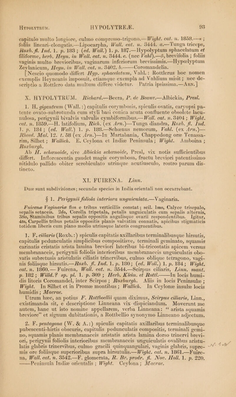 capitulo nrnlto longiore, culmo comprcsso-trigono.— Wight. cat. n. 1858.—a ; foliis lineari-elongatis.—Lipocarpha, Wall. eat. n. 3444. a.—Tunga triceps, Roxb.fi. Ind. 1. p. 183 ; (ed. Walt.) 1. p. 187 — Hypolyptum sphacelatum et filiforme, herb. Heyn. in Wall. eat. n. 3444. e. (nec Vahl).—(i, brevifolia ; foliis vaginis multo brevioribus, vaginarum inferiorum brevissimis.—Hypcelyptum Zeylanicum, Heyn. in Wall. eat. n. 3402. b.-Coromandelia. [Nescio quomodo differt Hyp. sphacelatum, Yald.: Rottlerus lioc nomen exemplis Heyneanis imposuit, etiamque exempla ad Vahlium misit; nec de¬ scriptio a Rottlero data multum differe videtur. Patria ipsissima.—Arn.] X. HYPOLYTRUM. liichard.—Beera, P. de Beauv.—Albickia, Presl. 1. H. giganteum (Wall.:) capitulis corymbosis, spiculis ovatis, caryopsi pa¬ tente ovato-subrotunda cum styli basi conica acuta confluente obsolete lacu- nulosa, perigynii bivalvis valvulis cymbiformibus.— Wall. eat. n. 3404; Wight. eat. n. 1859.—H. latifolium, Rich. (ex Arn.)—Tunga diandra, Roxb. fi. Ind. 1. p. 184; (ed. Wall.) 1. p. 188.—Schoenus nemorum, Vahl. (ex Arn.)— Rheed. Mal. 12. t. 58 (ex Arn.)—In Martabania, Chappedong orse Tenassa- rim, Silhet; Wallich. E. Ceylona et Indise Peninsula; Wight. Amboina ; Roxburgh. Ab H. sehoenoide, sive Albickia schcenoide, Presl, vix notis sufficientibus differt. Inflorescentia gaudet magis corymbosa, fructu breviori patentissimo nitidulo pallido obiter scrobiculato utrinque acutiusculo, rostro parum dis¬ tincto. XI. FUIRENA. Linn. Duae sunt subdivisiones; secundae species in India orientali non occurrebant. § 1. Perigynii foliola interiora unguiculata.—Vaginaria. Fuirence Vaginarice flos e tribus verticillis constat; scii. Imo, Calyce trisepalo, sepalis setaceis. 2do. Corolla tripetala, petalis unguiculatis cum sepalis alternis, 3tio. Staminibus tribus sepalis oppositis angulisque ovarii respondentibus. Igitur, 4to, Carpellis tribus petalis oppositis planis valvatim connatis, apicibus stigmaticis totidem liberis cum plano medio utriusque lateris congruentibus. 1. F. ciliaris (Roxb.:) spiculis capitatis axillaribus terminalibusque hirsutis, capitulis pedunculatis simplicibus compositisve, terminali geminato, squamis carinatis cristatis arista lamina breviori lateribus bi-tricostatis apicem versus membranaceis, perigynii foliolis interioribus membranaceis unguiculatis obo- vatis subretusis aristulatis ciliatis trinervibus, culmo oblique tetragono, vagi¬ nis foliisque hirsutis.—Roxb. fi. Ind. 1. p. 180; (ed. Woll.) 1. p. 184; Wight. eat. n. 1860. — Fuirena, Wall. eat. n. 3544.—Scirjms ciliaris, Linn. mant. p. 182 ; Willd.f sp. pl. 1. p. 309 ; Herb. Klein, et Rottl.-In locis humi- dis litoris Coromandel, inter Scirpos ; Roxburgh. Aliis in locis Peninsulae ; Wight. In Silhet et in Promae montibus; Wallich. In Ceylonae insulae locis humidis; Macrae. Utrum haec, an potius F. Rottboellii quam diximus, Scirpus ciliaris, Linn., existimanda sit, e descriptione Linneana vix dispiciandum. Moverunt me autem, hanc ut isto nomine appellarem, verba Linneana: “ arista squamis breviore” et signum dubitationis, a Rottbellio synonymo Linneano adjectum. 2. F. pentagona (W. & A.:) spiculis capitatis axillaribus terminalibusque pubescenti-hirtis obscuris, capitulis pedunculatis compositis, terminali gemi¬ no, squamis planis membranaceis aristatis arista lamina dorso trinervi brevi¬ ori, perigynii foliolis interioribus membranaceis unguiculatis ovalibus aristu¬ latis glabris trinervibus, culmo gracili quinquangulari, vaginis glabris, supre- v v>/*' ^ mis ore foliisque superioribus supra hirsutulis.— Wight. cat, n. 1861.—Fuire¬ na, Wall. cat. n. 3542.—F. glomerata, R. Br. prodr. fi. Nov. Holi. 1. p. 220. -Peninsula Indice orientalis ; Wight. Ceylona; Macrae.