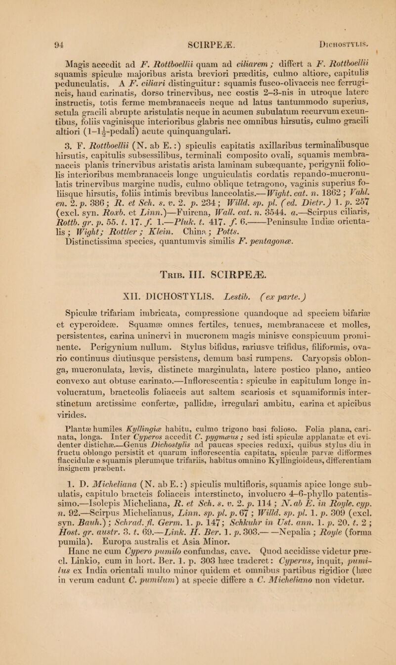 Magis accedit ad F. Rottboellii quam ad ciliarem ; differt a F. liottboellii squamis spiculse majoribus arista breviori praeditis, culmo altiore, capitulis pedunculatis. A F. ciliari distinguitur: squamis fusco-olivaceis nec ferrugi¬ neis, haud carinatis, dorso trinervibus, nec costis 2-3-nis in utroque latere instructis, totis ferme membranaceis neque ad latus tantummodo superius, setula gracili abrupte aristulatis neque in acumen subulatum recurvum exeun¬ tibus, foliis vaginisque interioribus glabris nec omnibus hirsutis, culmo gracili altiori (1-1 ^-pedali) acute quinquangulari. 3. F. Rottboellii (N. ab E.:) spiculis capitatis axillaribus terminalibusque hirsutis, capitulis subsessilibus, terminali composito ovali, squamis membra¬ naceis planis trinervibus aristatis arista laminam subaequante, perigynii folio¬ lis interioribus membranaceis longe unguiculatis cordatis repando-mucronu- latis trinervibus margine nudis, culmo oblique tetragono, vaginis superius fo¬ liisque hirsutis, foliis intimis brevibus lanceolatis.'—Wight. cat. n. 1862; Vahl. en. 2.p. 386; R. et Sch. s. v. 2. p. 234; Willd. sp. pl. (ed. Dietr.) 1. p. 257 (exci. syn. Roxb. et Linn.)—Fuirena, Wall. cat. n. 3544. a.—Scirpus ciliaris, Rottb. gr. p. 55. t. 17. f. 1.—Pluk. t. 417- f- 6.-Peninsulae Indiae orienta¬ lis ; Wight; Rottler ; Klein. China; Potts. Distinctissima species, quantumvis similis F. pentagona. Trib. III. SCIRPEiE. XII. DICHOSTYLIS. Lestib. (ex parte.) Spiculae trifariam imbricata, compressione quandoque ad speciem bifariae et cyperoideae. Squamae omnes fertiles, tenues, membranaceae et molles, persistentes, carina uninervi in mucronem magis minisve conspicuum promi¬ nente. Perigynium nullum. Stylus bifidus, rariusve trifidus, filiformis, ova¬ rio continuus diutiusque persistens, demum basi rumpens. Caryopsis oblon¬ ga, mucronulata, laevis, distincte marginulata, latere postico plano, antico convexo aut obtuse carinato.—Inflorescentia: spiculae in capitulum longe in- volucratum, bracteolis foliaceis aut saltem scariosis et squamiformis inter¬ stinctum arctissime confertae, pallidae, irregulari ambitu, carina et apicibus virides. Plantae humiles Kyllingice habitu, culmo trigono basi folioso. Folia plana, cari¬ nata, longa. Inter Cyperos accedit C. pygmceus ; sed isti spiculae applanatae et evi¬ denter distichae—Genus Dichostylis ad paucas species reduxi, quibus stylus diu in fructu oblongo persistit et quarum inflorescentia capitata, spiculae parvae difformes flaccidulae e squamis plerumque trifariis, habitus omnino Kyllingioideus, differentiam insignem praebent. 1. D. Micheliana (N. ab E.:) spiculis multifloris, squamis apice longe sub- ulatis, capitulo bracteis foliaceis interstincto, involucro 4-6-phyllo patentis- simo.—Isolepis Micheliana, R. et Sch. s. v. 2. p. 114 ; N.ab E. in Royle. cyp. n. 92.—Scirpus Michelianus, Linn. sp. pl. p. 67; Willd. sp. pl. 1. p. 309 (exci, syn. Bauli); Schrad. fl. Germ. 1. p. 147; SchJcuhr in Ust. ann. 1. p. 20. t. 2 ; Host. gr. austr. 3. t. 69.—Link. H. Ber. 1. p. 303.-Nepalia ; Royle (forma pumila). Europa australis et Asia Minor. Hanc ne cum Cypero pumilo confundas, cave. Quod accidisse videtur prae- cl. Linkio, cum in hort. Ber. 1. p. 303 haec traderet: Cyperus, inquit, pumi¬ lus ex India orientali multo minor quidem et omnibus partibus rigidior (haec in verum cadunt C. pumilum) at specie differe a C. Micheliano non videtur.