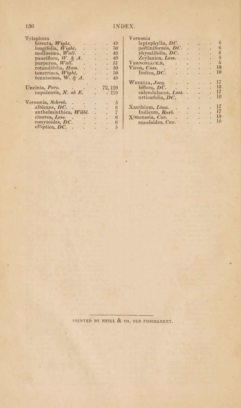 Tylaphora hirsuta, Wight, . . .49 longifolia, Wight, . . .50 mollissima, Wall. . . .49 pauciflora, W. <JfA. . .49 purpurea, Wall. . . .51 rotundifolia, Ham. . . .50 tenerrima, Wight, . . .50 tenuissima, W. A. . .49 Uncinia, Pers. . . .72, 129 nepalensis, N. ab E. . . 129 Vernonia, Schreb.5 albicans, DC. . * . .6 anthelminthica, Willd. . . 7 cinerea, Less.6 conyzoides, DC. . . .6 elliptica, DC.5 Vernonia leptophylla, DC. . G pectiniformis, DC. . . 6 physalifolia, D C. . 6 Zeylanica, Less. . 5 Vernoniaceae, . 5 Vicoa, Cass. . 10 Indica, DC. . 10 Wedelia, Ja,cq. . 17 biflora, DC. . 18 calendulacea, Less. . . 17 urticasfolia, DC. . 18 Xanthium, Linn. . 17 Indicum, Roxb. . 17 Xiraienesia, Cav. . 19 enceloides, Cav. . 19 PRINTED BY NEILL & CO. OLD FISHMARKET.