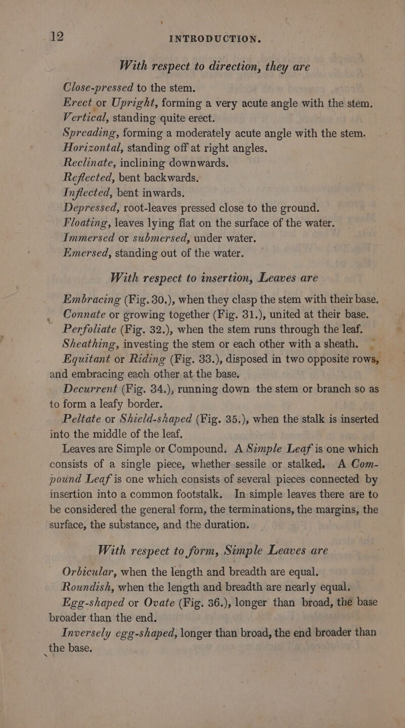 With respect to direction, they are Close-pressed to the stem. Erect or Upright, forming a very acute angle with the stem. Vertical, standing quite erect. Spreading, forming a moderately acute angle with the stem. Horizontal, standing off at right angles. Reclinate, inclining downwards. Reflected, bent backwards. Inflected, bent inwards. Depressed, root-leaves pressed close to the ground. Floating, leaves lying flat on the surface of the water. Immersed or submersed, under water. Emersed, standing out of the water. With respect to insertion, Leaves are Embracing (Fig.30.), when they clasp the stem with their base. Connate or growing together (Fig. 31.), united at their base. Perfoliate (Fig. 32.), when the stem runs through the leaf. Sheathing, investing the stem or each other with a sheath. _ Equitant or Riding (Fig. 33.), disposed in two opposite rows, and embracing each other at the base. Decurrent (Fig. 34.), running down the stem or branch so as to form a leafy border. Peltate or Shield-shaped (Fig. 35.), when the stalk is inserted into the middle of the leaf. Leaves are Simple or Compound. A Szmple Leaf is one which consists of a single piece, whether sessile or stalked. A Com- pound Leaf is one which consists of several pieces connected by insertion into a common footstalk. In simple leaves there are to be considered the general form, the terminations, the margins, the surface, the substance, and the duration. With respect to form, Simple Leaves are Orbicular, when the length and breadth are equal. Roundish, when the length and breadth are nearly equal, Egg-shaped or Ovate (Fig. 36.), longer than broad, the base broader than the end. Inversely egg-shaped, longer than broad, the end broader than the base. |