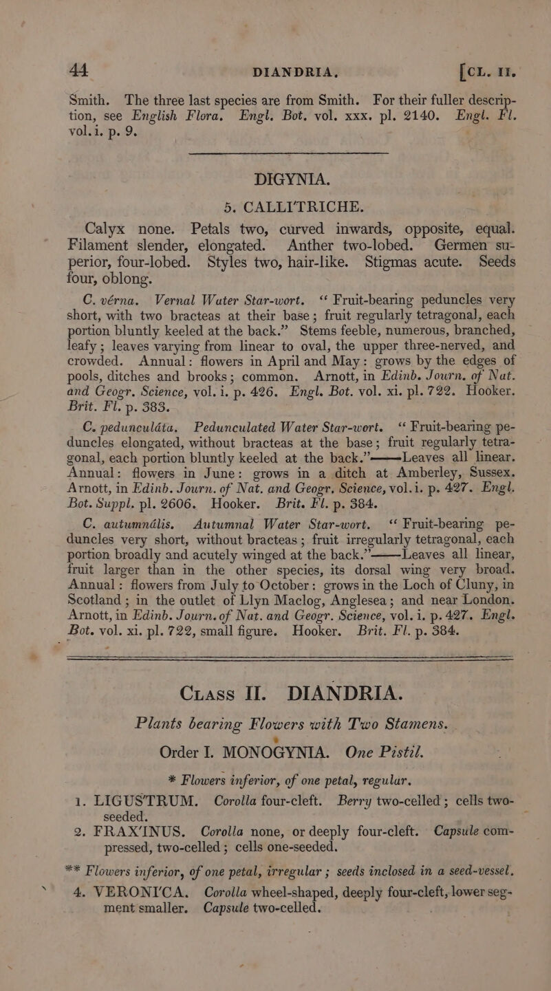 Smith. The three last species are from Smith. For their fuller descrip- tion, see English Flora. Engl. Bot. vol. xxx. pl. 2140. Engl. Fl. vol.i. p. 9. : DIGYNIA. 5. CALLITRICHE. Calyx none. Petals two, curved inwards, opposite, equal. Filament slender, elongated. Anther two-lobed. Germen su- perior, four-lobed. Styles two, hair-like. Stigmas acute. Seeds four, oblong. C. vérna. Vernal Water Star-wort. ‘ Fruit-bearing peduncles very short, with two bracteas at their base; fruit regularly tetragonal, each portion bluntly keeled at the back.” Stems feeble, numerous, branched, leafy ; leaves varying from linear to oval, the upper three-nerved, and crowded. Annual: flowers in April and May: grows by the edges of pools, ditches and brooks; common. Arnott, in Edinb. Journ. of Nat. and Geogr. Science, vol. i. p. 426. Engl. Bot. vol. xi. pl. 722. Hooker. Brit. Fl. p. 383. C. pedunculdtu. Pedunculated Water Star-wort. ‘‘ Fruit-bearing pe- duncles elongated, without bracteas at the base; fruit regularly tetra- gonal, each portion bluntly keeled at the back.” Leaves all linear. Annual: flowers in June: grows in a ditch at Amberley, Sussex. Arnott, in Edinb. Journ. of Nat. and Geogr, Science, vol.i. p. 427. Engl. Bot. Suppl. pl. 2606. Hooker. Brit. Fl. p. 384. C. autumnidlis. Autumnal Water Star-wort. ‘“ Fruit-bearing pe- duncles very short, without bracteas; fruit irregularly tetragonal, each portion broadly and acutely winged at the back.”’ Leaves all linear, fruit larger than in the other species, its dorsal wing very broad. Annual: flowers from July to October: grows in the Loch of Cluny, in Scotland ; in the outlet of Llyn Maclog, Anglesea; and near London. Arnott, in Edinb. Journ. of Nat. and Geogr. Science, vol. i. p. 427. Engl. Bot. vol. xi. pl. 722, small figure. Hooker. Brit. Fl. p. 384. Ciass II. DIANDRIA. Plants bearing Flowers with Two Stamens. _ a Order I. MONOGYNIA. One Pistil. * Flowers inferior, of one petal, regular, 1. LIGUSTRUM. Corolla four-cleft. Berry two-celled ; cells two- seeded. ; 2. FRAX’INUS. Corolla none, or deeply four-cleft. Capsule com- pressed, two-celled ; cells one-seeded. ** Flowers inferior, of one petal, irregular ; seeds inclosed in a seed-vessel, 4. VERONICA. Corolla wheel-shaped, deeply four-cleft, lower seg- ment smaller. Capsule two-celled. é/