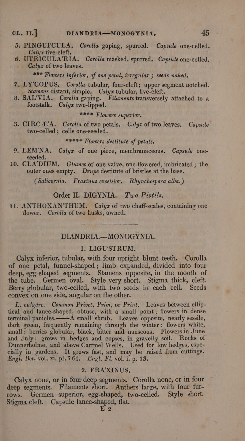 5. PINGUI'CULA. Coroila gaping, spurred. Capsule one-celled. Calya five-cleft. 6. UTRICULA’RIA. Corolla masked, spurred. Capsule one-celled. Calyx of two leaves. *** Flowers inferior, of one petal, irregular ; seeds naked. 7. LY’COPUS. Corolla tubular, four-cleft; upper segment notched. Stamens distant, simple. Calyx tubular, five-cleft. 8. SAL'VIA. Corolla gaping. Filaments transversely attached to a footstalk. Calyx two-lipped. *RE® Flowers superior. 3. CIRCA’A. Corolla of two petals. Calyx of two leaves. Capsule two-celled ; cells one-seeded. FREE Flowers destitute of petals. 9. LEM’NA. Calyx of one piece, membranaceous. Capsule one- seeded. 10. CLA’DIUM. Glumes of one valve, one-flowered, imbricated ; the outer ones empty. Drupe destitute of bristles at the base. (Salicornia. Fraxinus excelsior. Rhynchospora alba.) Order II. DIGYNIA. Two Pistils. 11. ANTHOXAN’THUM. Calyz of two chaff-scales, containing one flower. Corolla of two husks, awned. DIANDRIA.—MONOGYNIA. 1. LIGUSTRUM. Calyx inferior, tubular, with four upright blunt teeth. Corolla of one petal, funnel-shaped ; limb expanded, divided into four deep, egg-shaped segments. Stamens opposite, in the mouth of the tube. Germen oval. Style very short. Stigma thick, cleft. Berry globular, two-celled, with two seeds in each cell. Seeds convex on one side, angular on the other. L. vulgére. Common Privet, Prim, or Print. Leaves between ellip- tical and lance-shaped, obtuse, with a small point; flowers in dense terminal panicles. A small shrub. Leaves opposite, nearly sessile, dark green, frequently remaining through the winter: flowers white, small: berries globular, black, bitter and. nauseous. Flowers in J une and July: grows in hedges and copses, in gravelly soil. Rocks of Dunnerholme, and above Cartmel Wells. Used for low hedges, espe- cially in gardens. It grows fast, and may be raised from cuttings. Engl. Bot. vol. xi. pl. 764. Engl. Fl. vol. i. p. 13. 2. FRA’XINUS. Calyx none, or in four deep segments. Corolla none, or in four deep segments. Filaments short. Anthers large, with four fur- — - rows. Germen superior, egg-shaped, two-celled. Style short. Stigma cleft. Capsule pita a flat. 12