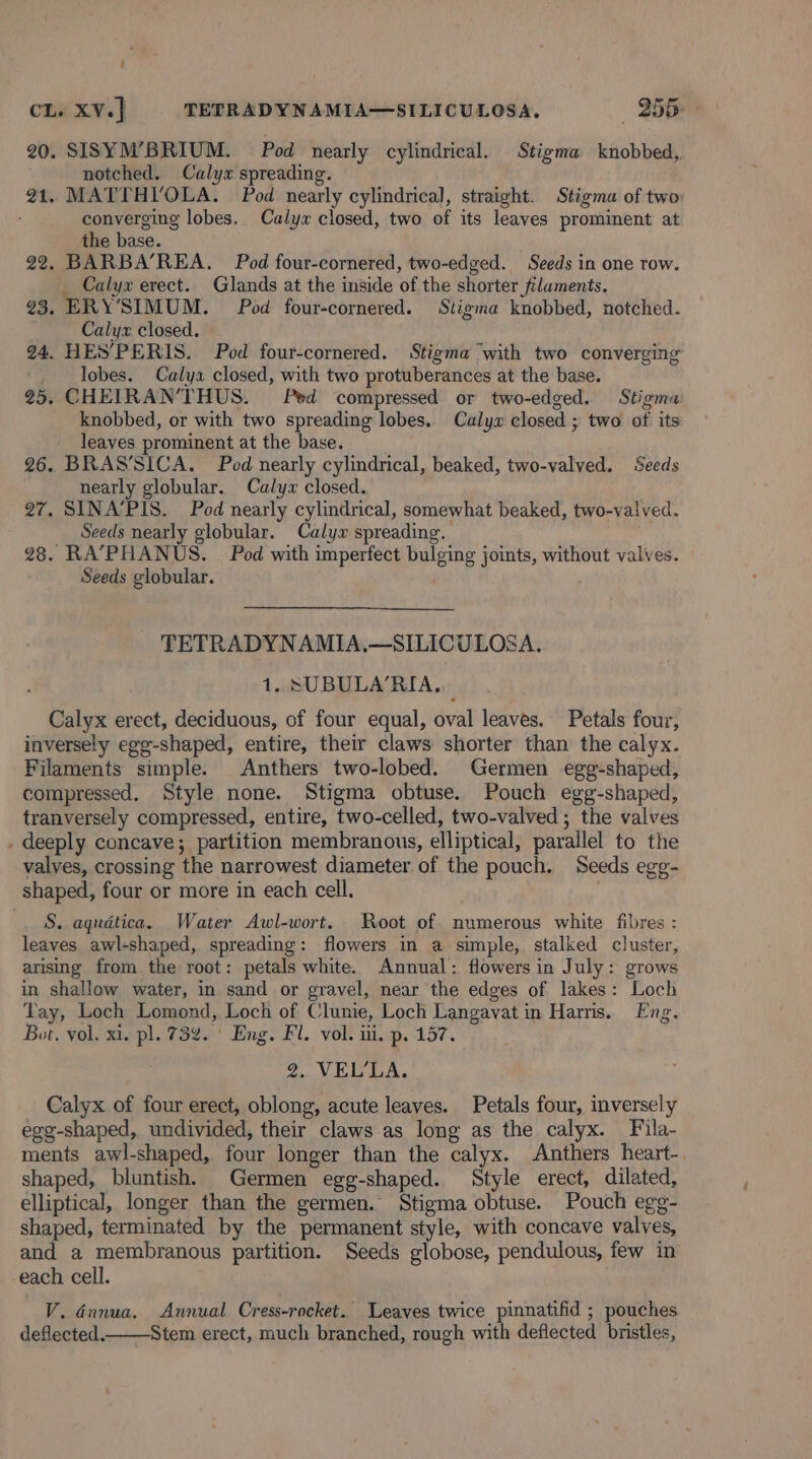 - cL. xv.]} TETRADYNAMIA—SILICULOSA. 255: 20. SISYM’BRIUM. Pod nearly cylindrical. Stigma knobbed, notched. Calyx spreading. 21. MATTHI’OLA. Pod nearly cylindrical, straight. Stigma of two converging lobes. Calyx closed, two of its leaves prominent at the base. 22. BARBA’REA. Pod four-cornered, two-edged. Seeds in one row. _ Calyx erect. Glands at the inside of the shorter filaments. 23. ERY’SIMUM. Pod four-cornered. Stigma knobbed, notched. Calyx closed. 24, HES’PERIS. Pod four-cornered. Stigma ‘with two converging lobes. Calya closed, with two protuberances at the base. 25. CHEIRAN’THUS. Ped compressed or two-edged. Stigma knobbed, or with two spreading lobes. Calyx closed ; two of its leaves prominent at the base. 26. BRAS’SICA. Pod nearly cylindrical, beaked, two-valved. Seeds nearly globular. Calyzx closed. 27, SINA’PIS. Pod nearly cylindrical, somewhat beaked, two-valved. Seeds nearly globular. Calyx spreading. . 28. RA’PHANUS. . Pod with imperfect bulging joints, without valves. Seeds globular. TETRADYNAMIA.—SILICULOSA. 1. SUBULA‘RIA, Calyx erect, deciduous, of four equal, oval leaves. Petals four, inversely ege-shaped, entire, their claws shorter than the calyx. Filaments simple. Anthers two-lobed. Germen egg-shaped, compressed, Style none. Stigma obtuse. Pouch egg-shaped, tranversely compressed, entire, two-celled, two-valved ; the valves . deeply concave; partition membranous, elliptical, parallel to the valves, crossing the narrowest diameter of the pouch. Seeds egg- shaped, four or more in each cell. S. aquatica, Water Awl-wort. Root of numerous white fibres : leaves awl-shaped, spreading: flowers in a simple, stalked cluster, arising from the root: petals white. Annual: flowers in July: grows in shallow water, in sand or gravel, near the edges of lakes: Loch Lay, Loch Lomond, Loch of Clunie, Loch Langavat in Harris. Eng. Bot. vol. xi. pl. 73%. Eng. Fl. vol. iii. p. 157. 2. VEL'LA. Calyx of four erect, oblong, acute leaves. Petals four, inversely egg-shaped, undivided, their claws as long as the calyx. Fila- ments awl-shaped, four longer than the calyx. Anthers heart-. shaped, bluntish. Germen egg-shaped. Style erect, dilated, elliptical, longer than the germen.’ Stigma obtuse. Pouch egg- shaped, terminated by the permanent style, with concave valves, and a membranous partition. Seeds globose, pendulous, few in each cell. V. dunua, Annual Cress-rocket. Leaves twice pinnatifid ; pouches deflected. Stem erect, much branched, rough with deflected bristles,