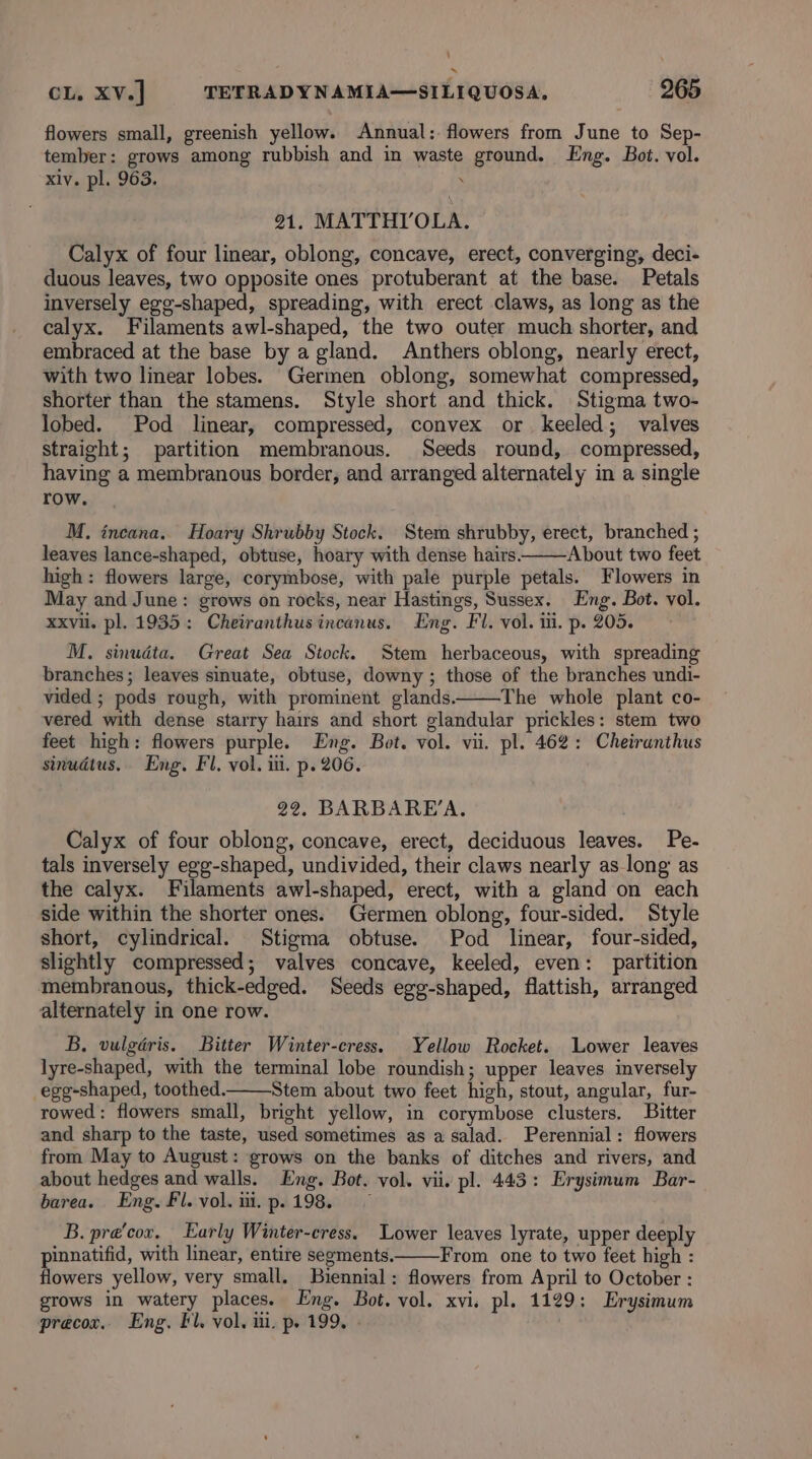 : ~ cL. Xv.] TETRADYNAMIA—SILIQUOSA. 265 flowers small, greenish yellow. Annual: flowers from June to Sep- tember: grows among rubbish and in waste ground. Eng. Bot. vol. xiy. pl. 963. . 21. MATTHYOLA. Calyx of four linear, oblong, concave, erect, converging, deci- duous leaves, two opposite ones protuberant at the base. Petals inversely egg-shaped, spreading, with erect claws, as long as the calyx. Filaments awl-shaped, the two outer much shorter, and embraced at the base by a gland. Anthers oblong, nearly erect, with two linear lobes. Germen oblong, somewhat compressed, shorter than the stamens. Style short and thick. Stigma two- lobed. Pod linear, compressed, convex or keeled; valves straight; partition membranous. Seeds round, compressed, having a membranous border, and arranged alternately in a single row. M. incana. Hoary Shrubby Stock. Stem shrubby, erect, branched ; leaves lance-shaped, obtuse, hoary with dense hairs. About two feet high: flowers large, corymbose, with pale purple petals. Flowers in May and June: grows on rocks, near Hastings, Sussex. Eng. Bot. vol. xxvil. pl. 1935: Cheiranthusincanus. Eng. Fl. vol. iii. p. 205. M. sinudta. Great Sea Stock. Stem herbaceous, with spreading branches; leaves sinuate, obtuse, downy ; those of the branches undi- vided ; pods rough, with prominent glands. The whole plant co- vered with dense starry hairs and short glandular prickles: stem two feet high: flowers purple. Eng. Bot. vol. vii. pl. 462: Cheiranthus sinudtus,. Eng, Fl, vol. iii. p. 206. 22. BARBARE’A. Calyx of four oblong, concave, erect, deciduous leaves. Pe- tals inversely egg-shaped, undivided, their claws nearly as long as the calyx. Filaments awl-shaped, erect, with a gland on each side within the shorter ones. Germen oblong, four-sided. Style short, cylindrical. Stigma obtuse. Pod linear, four-sided, slightly compressed; valves concave, keeled, even: partition membranous, thick-edged. Seeds egg-shaped, flattish, arranged alternately in one row. B, vulgéris. Bitter Winter-cress. Yellow Rocket. Lower leaves lyre-shaped, with the terminal lobe roundish; upper leaves inversely egg-shaped, toothed. Stem about two feet high, stout, angular, fur- rowed: flowers small, bright yellow, in corymbose clusters. Bitter and sharp to the taste, used sometimes as a salad. Perennial: flowers from May to August: grows on the banks of ditches and rivers, and about hedges and walls. Eng. Bot. vol. vii. pl. 443: Erysimum Bar- barea. Eng. Fl. vol. iii. p. 198. B. pre’cox, Early Winter-cress. Lower leaves lyrate, upper deeply pinnatifid, with linear, entire segments. From one to two feet high : flowers yellow, very small. Biennial: flowers from April to October : grows in watery places. Eng. Bot. vol. xvi. pl. 1129: Erysimum precor, Eng. Il. vol, iii. p. 199. -