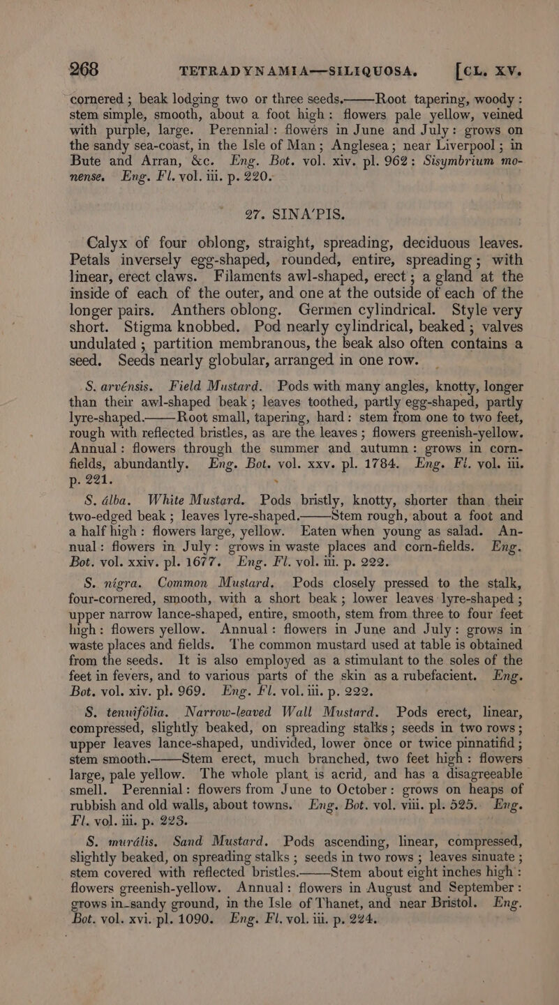 cornered ; beak lodging two or three seeds. Root tapering, woody : stem simple, smooth, about a foot high: flowers pale yellow, veined with purple, large. Perennial: flowers in June and July: grows on the sandy sea-coast, in the Isle of Man; Anglesea; near Liverpool ; in Bute and Arran, &amp;c. Eng. Bot. vol. xiv. pl. 962: Sisymbrium mo- nense. Eng. Fl. vol. iii. p. 220. 27. SINA’PIS. Calyx of four oblong, straight, spreading, deciduous leaves. Petals inversely egg-shaped, rounded, entire, spreading; with linear, erect claws. Filaments awl-shaped, erect; a gland at the inside of each of the outer, and one at the outside of each of the longer pairs. Anthers oblong. Germen cylindrical. Style very short. Stigma knobbed. Pod nearly cylindrical, beaked ; valves undulated ; partition membranous, the beak also often contains a seed. Seeds nearly globular, arranged in one row. S. arvénsis. Field Mustard. Pods with many angles, knotty, longer than their awl-shaped beak ; leaves toothed, partly egg-shaped, partly lyre-shaped. Root small, tapering, hard: stem from one to two feet, rough with reflected bristles, as are the leaves ; flowers greenish-yellow. Annual: flowers through the summer and autumn: grows in corn- fields, abundantly. Eng. Bot. vol. xxv. pl. 1784. Eng. Fi. vol. iu. p. 221. S. dlba. White Mustard. Pods bristly, knotty, shorter than. their two-edged beak ; leaves lyre-shaped. Stem rough, about a foot and a half high: flowers large, yellow. Eaten when young as salad. An- nual: flowers in July: grows in waste places and corn-fields. Eng. Bot. vol. xxiv. pl. 1677. Eng. Fl. vol. i. p. 222. S. nigra. Common Mustard. Pods closely pressed to the stalk, four-cornered, smooth, with a short beak ; lower leaves lyre-shaped ; upper narrow lance-shaped, entire, smooth, stem from three to four feet high: flowers yellow. Annual: flowers in June and July: grows in waste places and fields. ‘The common mustard used at table is obtained from the seeds. It is also employed as a stimulant to the soles of the feet in fevers, and to various parts of the skin asa rubefacient. Eng. Bot. vol. xiv. pl. 969. Eng. Fl. vol. i. p. 222. S. tenuifolia. Narrow-leaved Wall Mustard. Pods erect, linear, compressed, slightly beaked, on spreading stalks; seeds in two rows; upper leaves lance-shaped, undivided, lower once or twice pinnatifid ; stem smooth. Stem erect, much branched, two feet high: flowers large, pale yellow. The whole plant is acrid, and has a disagreeable smell. Perennial: flowers from June to October: grows on heaps of rubbish and old walls, about towns. Eng. Bot. vol. viii. pl. 525. Eng. Fl. vol. iu. p. 223. ‘ . S. murélis. Sand Mustard. Pods ascending, linear, compressed, slichtly beaked, on spreading stalks ; seeds in two rows ; leaves sinuate ; stem covered with reflected bristles. Stem about eight inches high : flowers greenish-yellow. Annual: flowers in August and September : grows in_-sandy ground, in the Isle of Thanet, and near Bristol. Eng. Bot. vol. xvi. pl. 1090. Eng. Fl. vol. ii. p. 224.